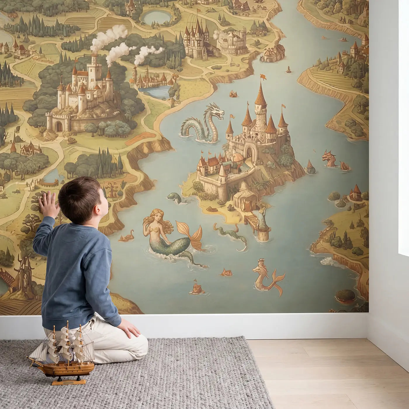 Child in nursery with Fairy Tale Kingdom Map Wallpaper Mural by Whimsy Tots