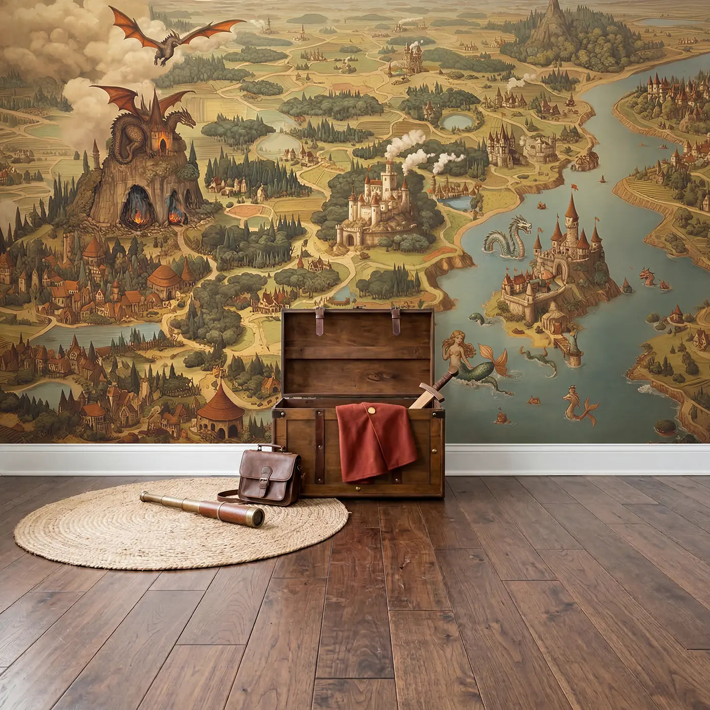 Fairy Tale Kingdom Map Wallpaper Mural in playroom setting by Whimsy Tots