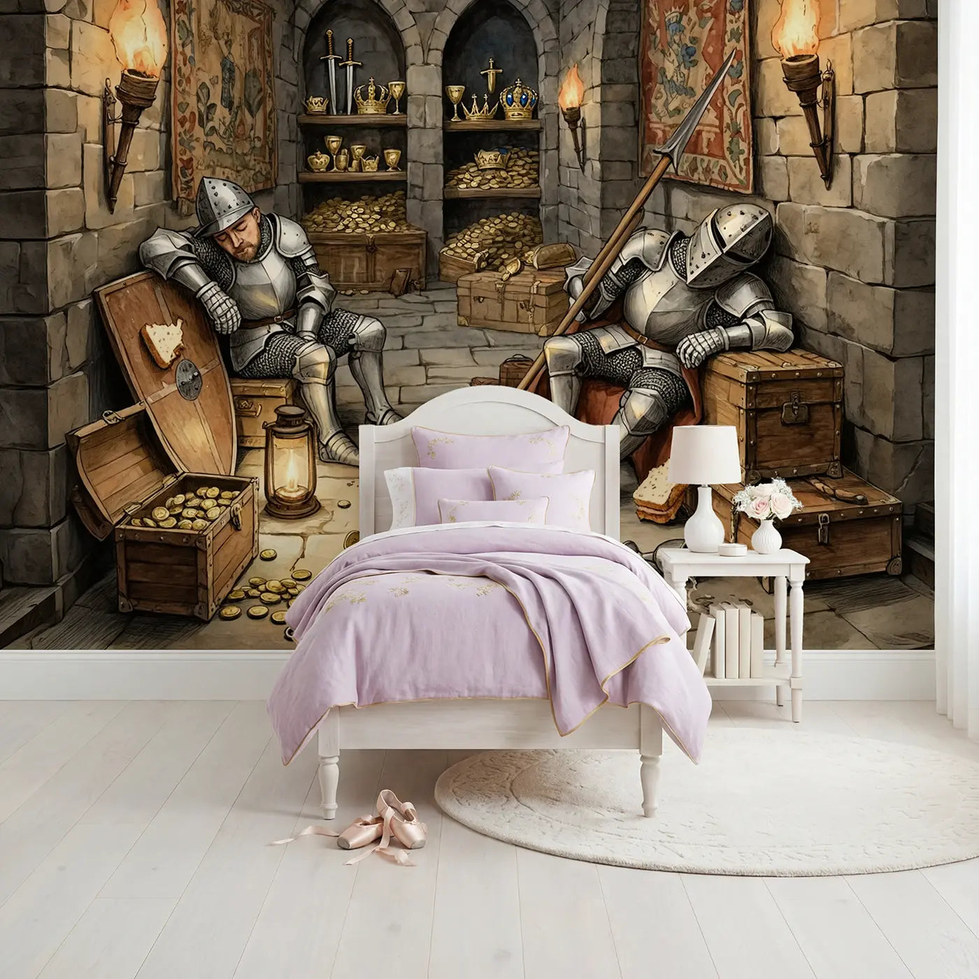 storybook illustration castle treasure room mural for kids room by Whimsy Tots