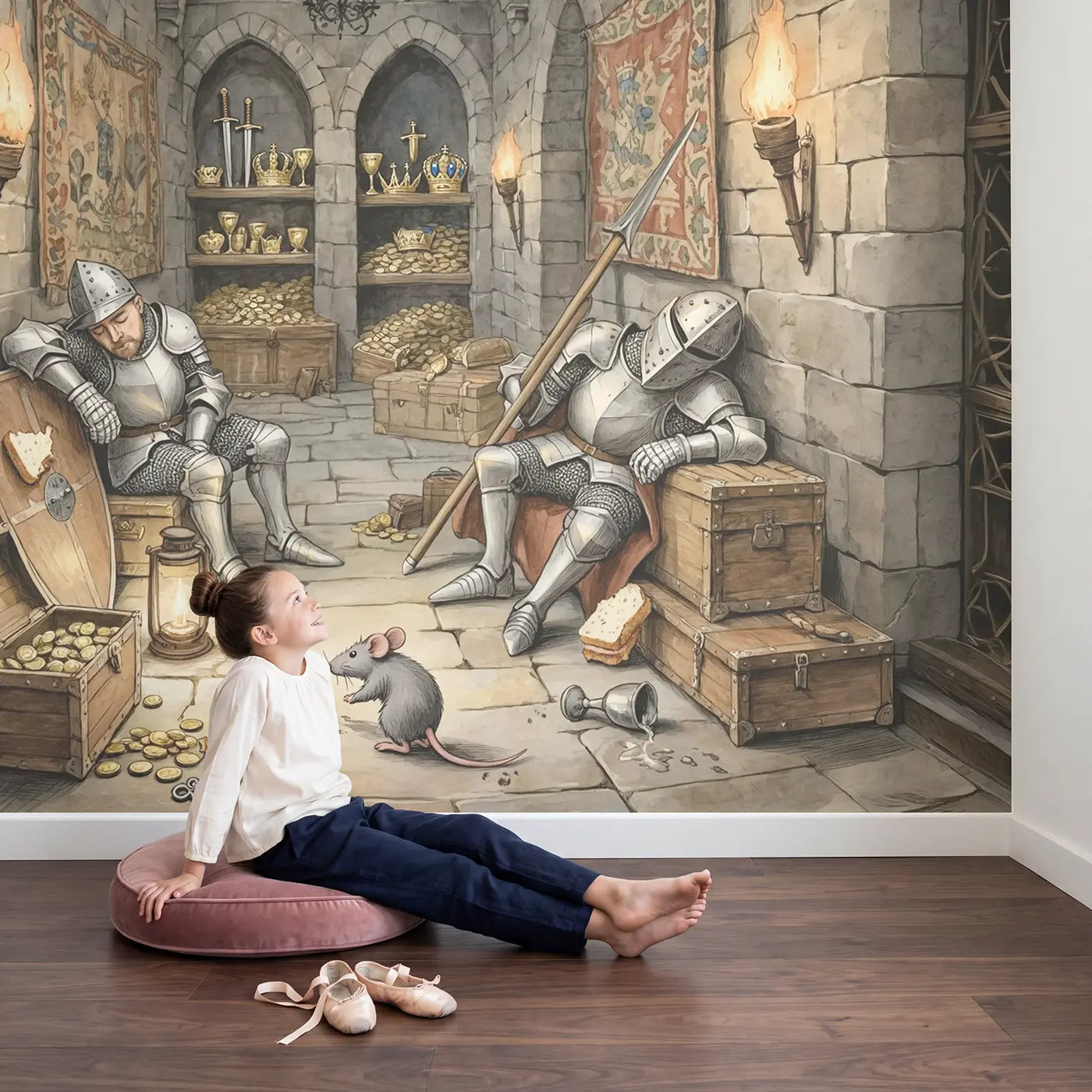 Child in nursery with Sleeping Knights Treasure Room Wallpaper Mural by Whimsy Tots