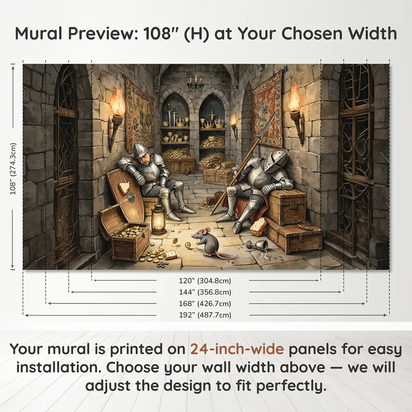 Panel layout and dimensions for Sleeping Knights Treasure Room Wallpaper Mural by Whimsy Tots