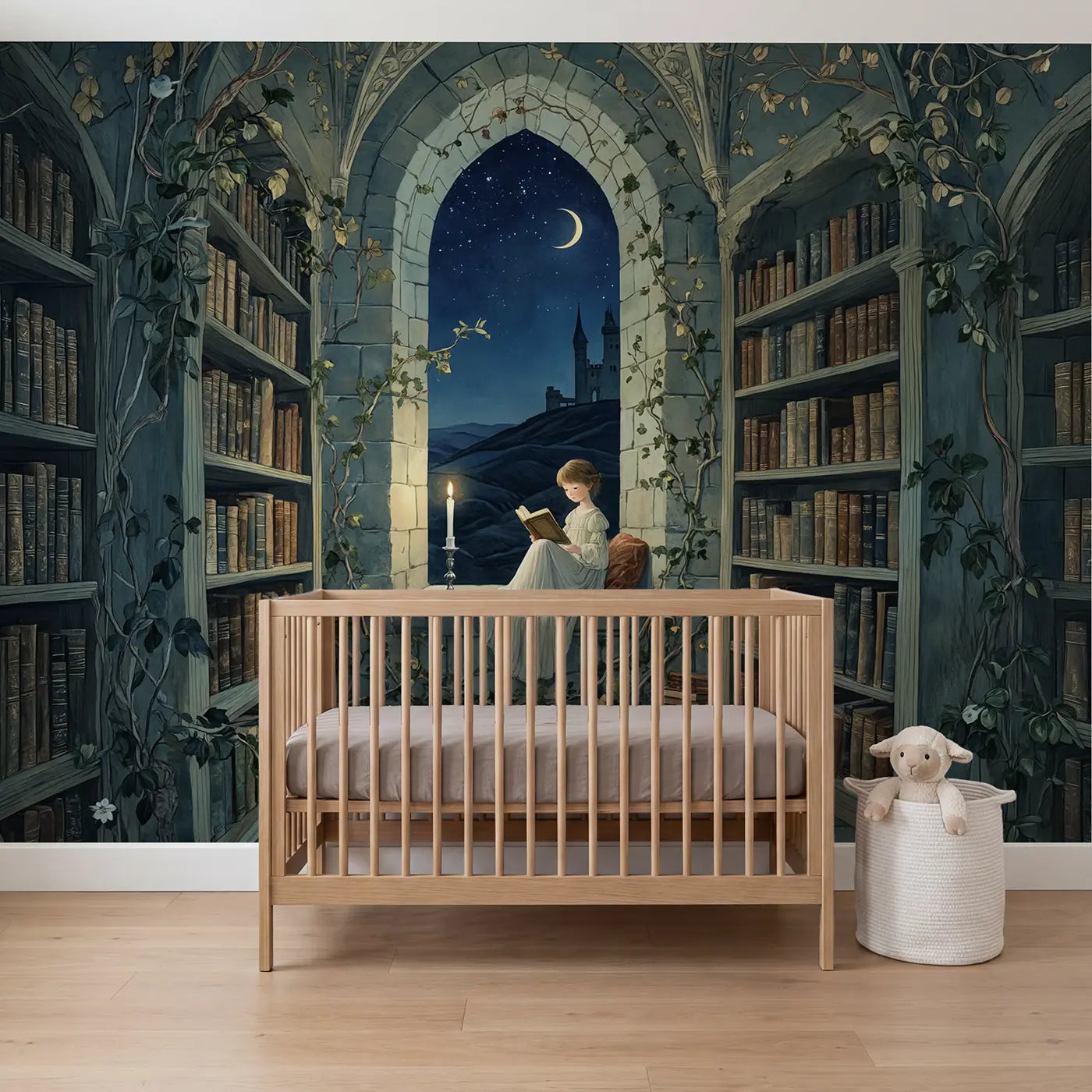 Botanical elegance castle library princess wallpaper mural for nursery by Whimsy Tots