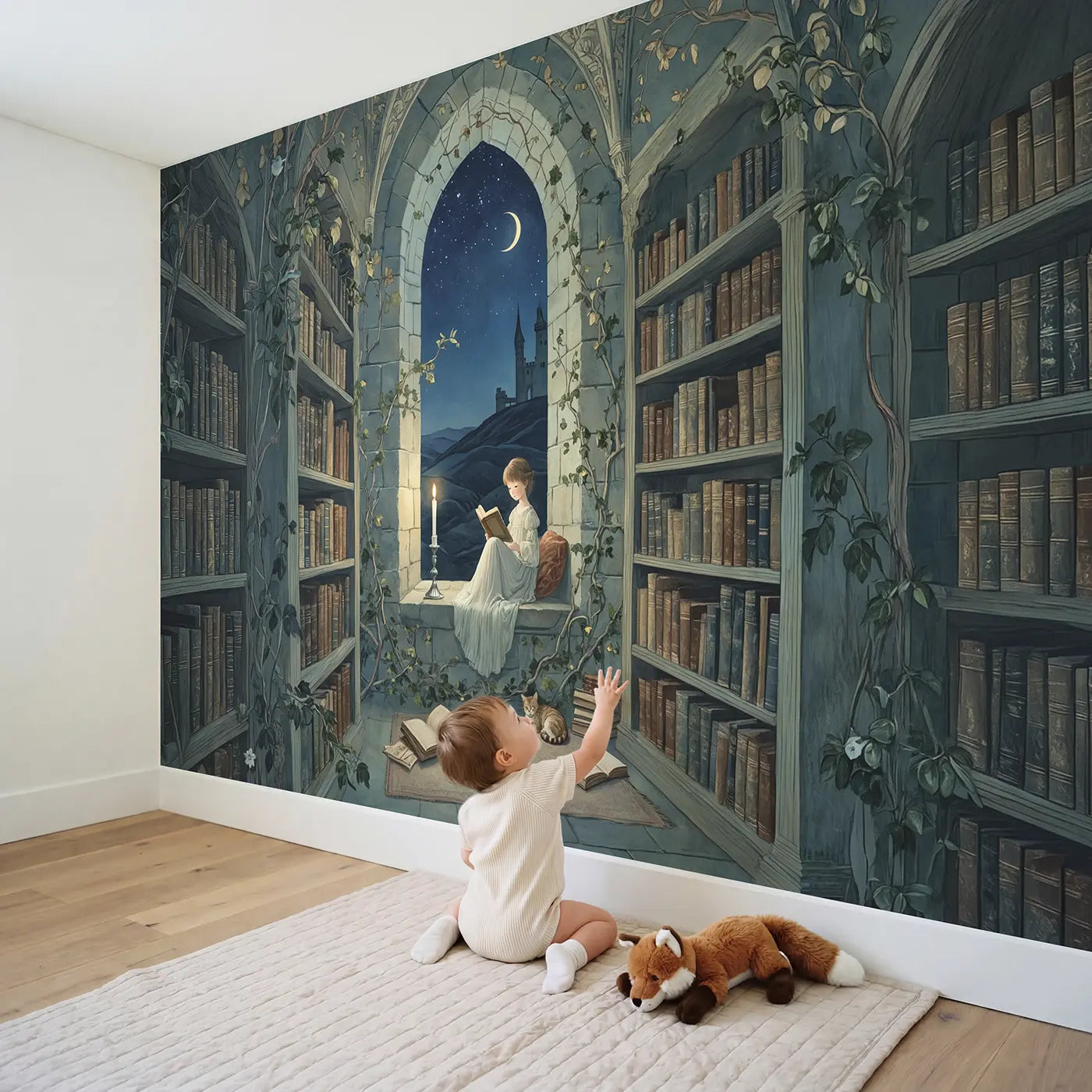 Child in nursery with Castle Library Princess Wallpaper Mural by Whimsy Tots