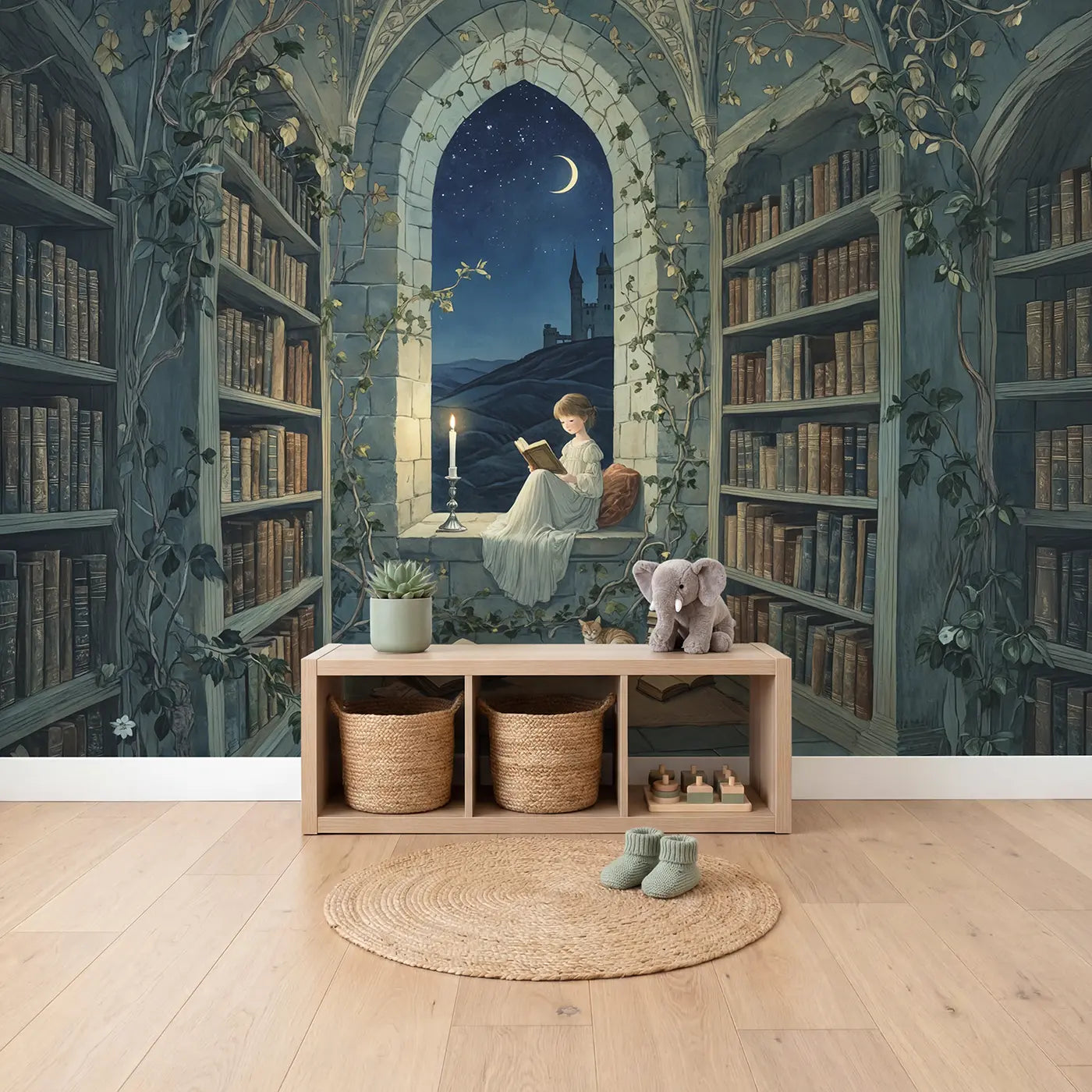Castle Library Princess Wallpaper Mural in playroom setting by Whimsy Tots