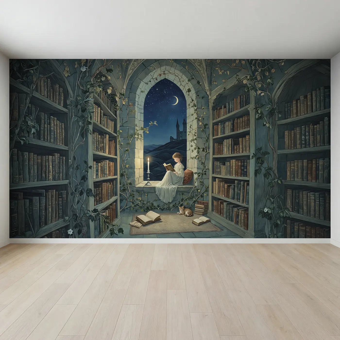Full view of Castle Library Princess Wallpaper Mural by Whimsy Tots