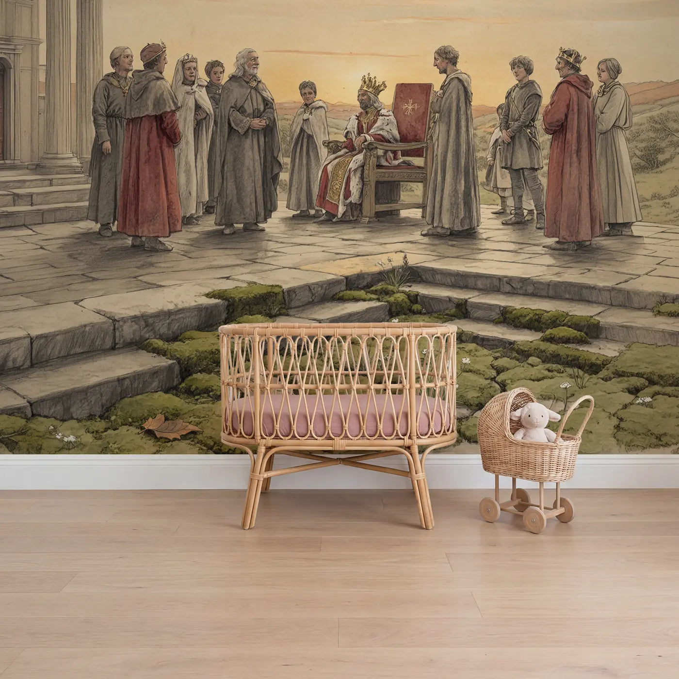 storybook princess coronation castle wallpaper mural for girls room by Whimsy Tots
