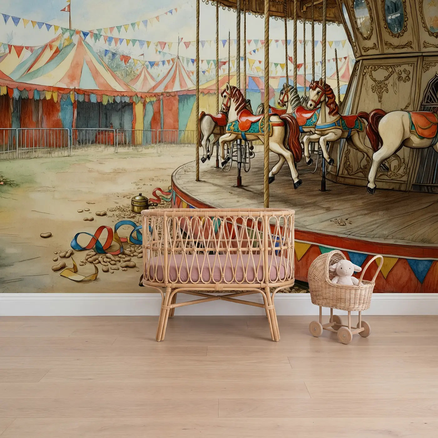 Storybook carousel horse castle fairground wallpaper mural for girls room by Whimsy Tots