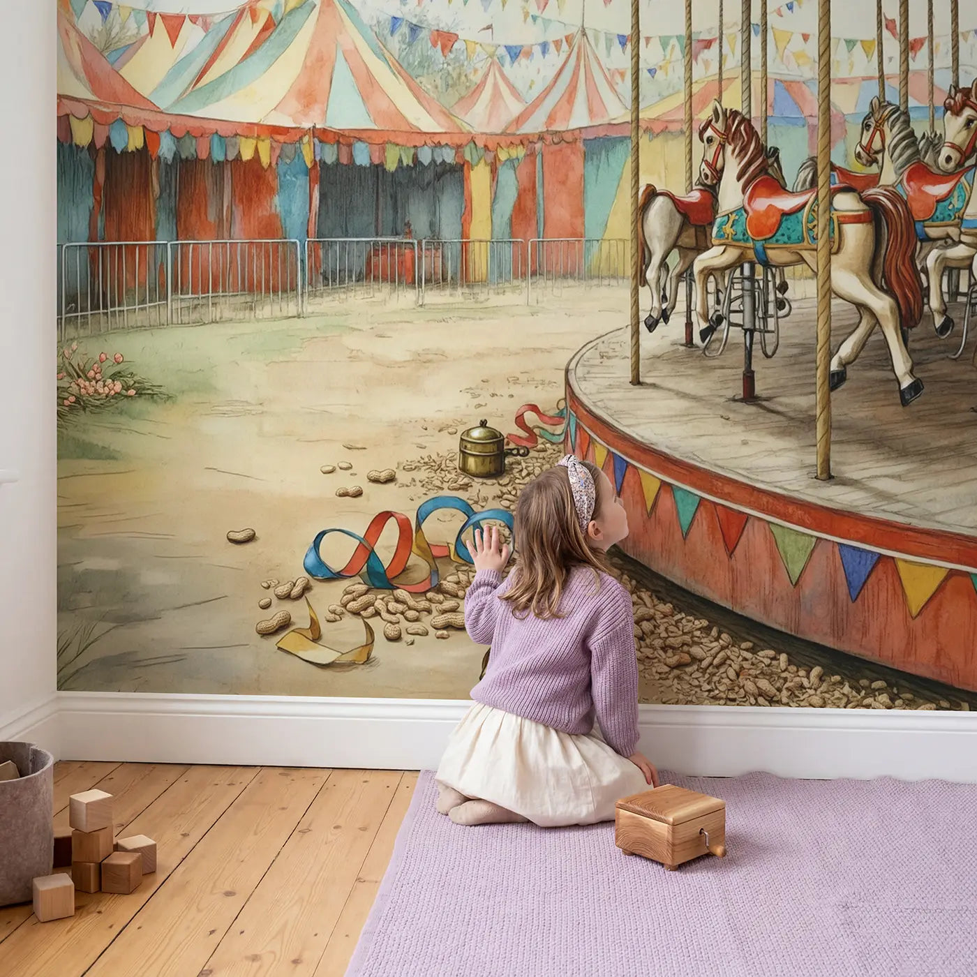 Child in nursery with Carousel Horse Castle Fairground Wallpaper Mural by Whimsy Tots