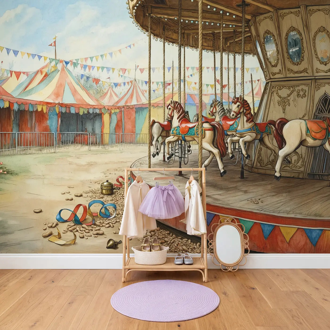 Carousel Horse Castle Fairground Wallpaper Mural in playroom setting by Whimsy Tots