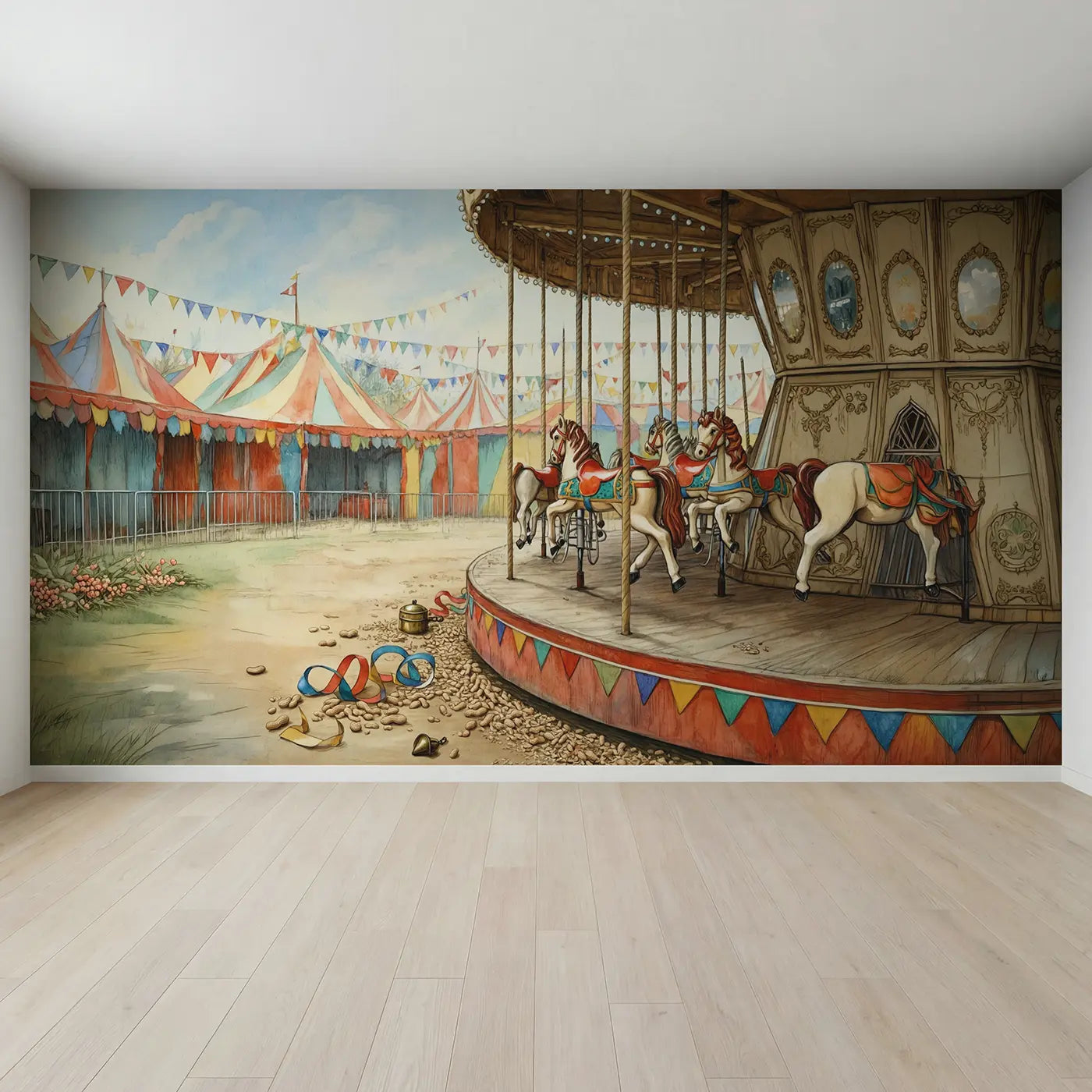 Full view of Carousel Horse Castle Fairground Wallpaper Mural by Whimsy Tots