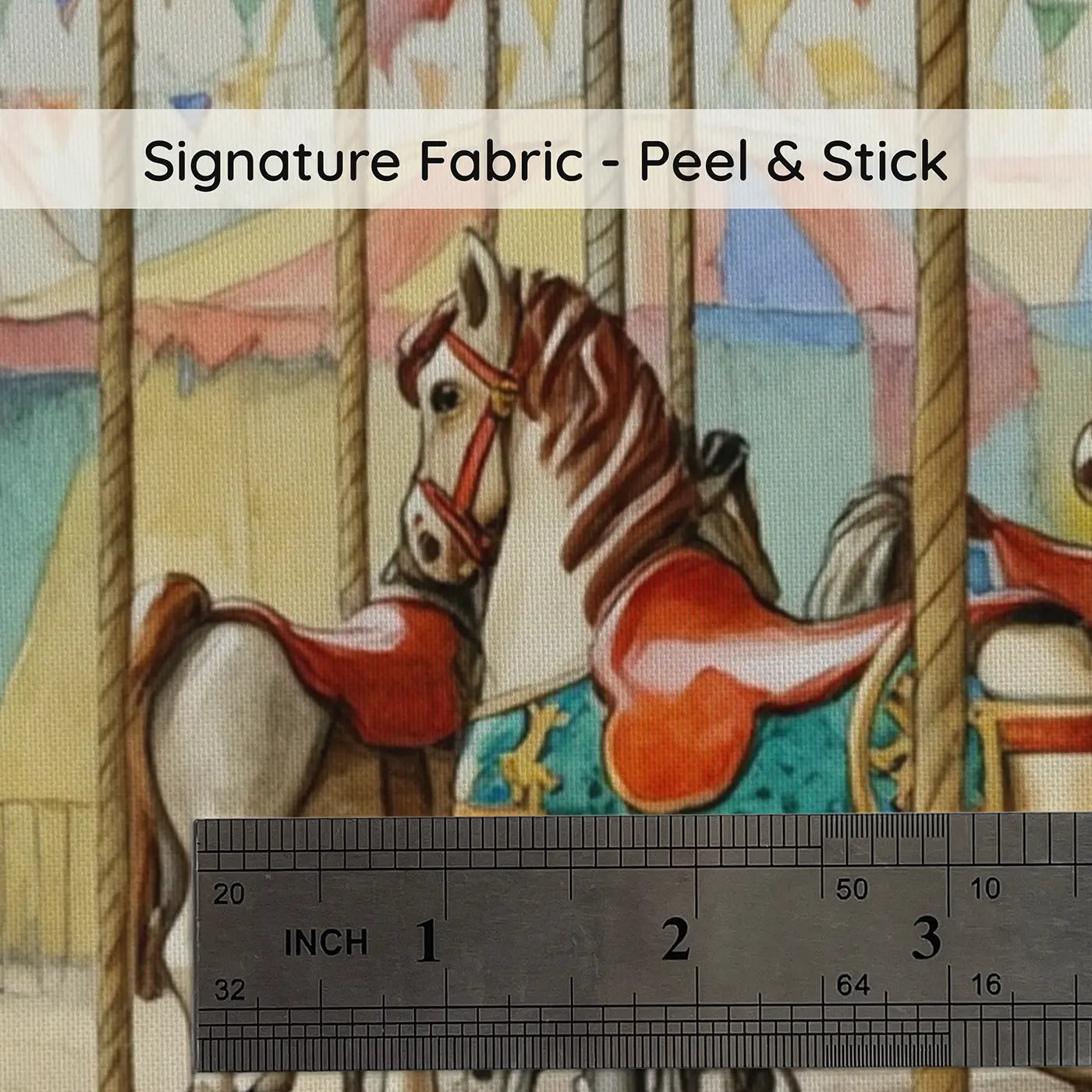 Fabric texture close-up of Carousel Horse Castle Fairground Wallpaper Mural by Whimsy Tots