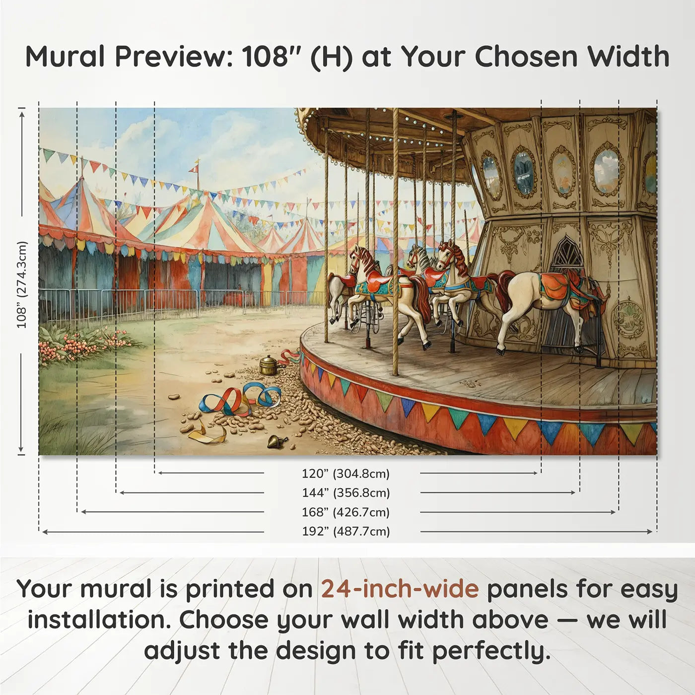 Panel layout and dimensions for Carousel Horse Castle Fairground Wallpaper Mural by Whimsy Tots