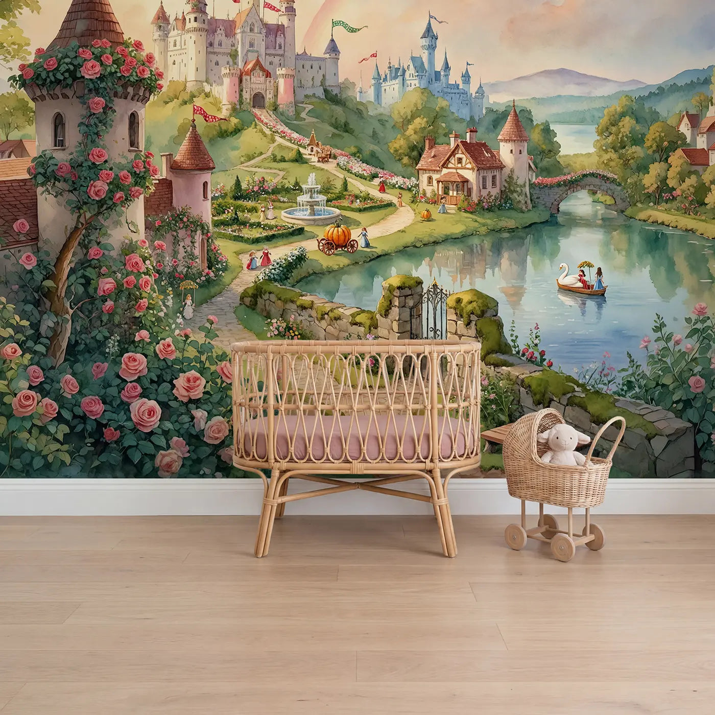 Watercolor fairy tale castle kingdom garden courtyard wallpaper mural for nursery by Whimsy Tots