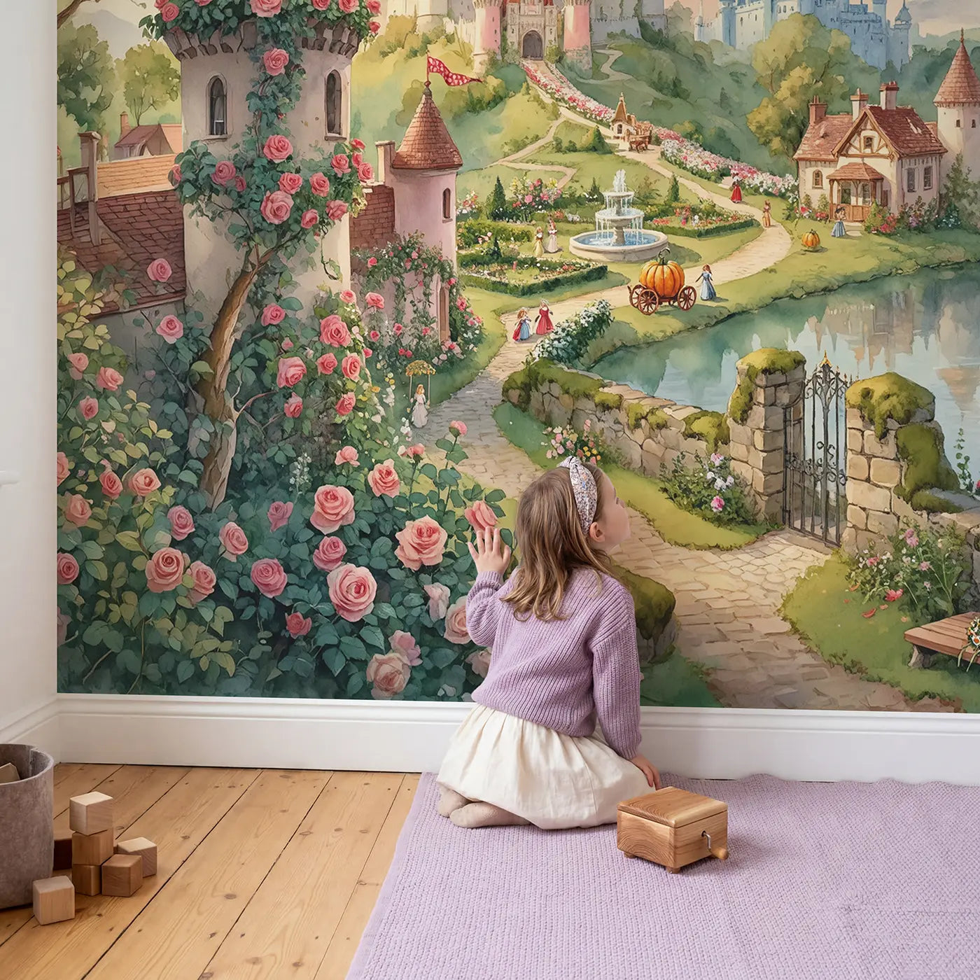 Child in nursery with Fairy Tale Castle Kingdom Wallpaper Mural by Whimsy Tots
