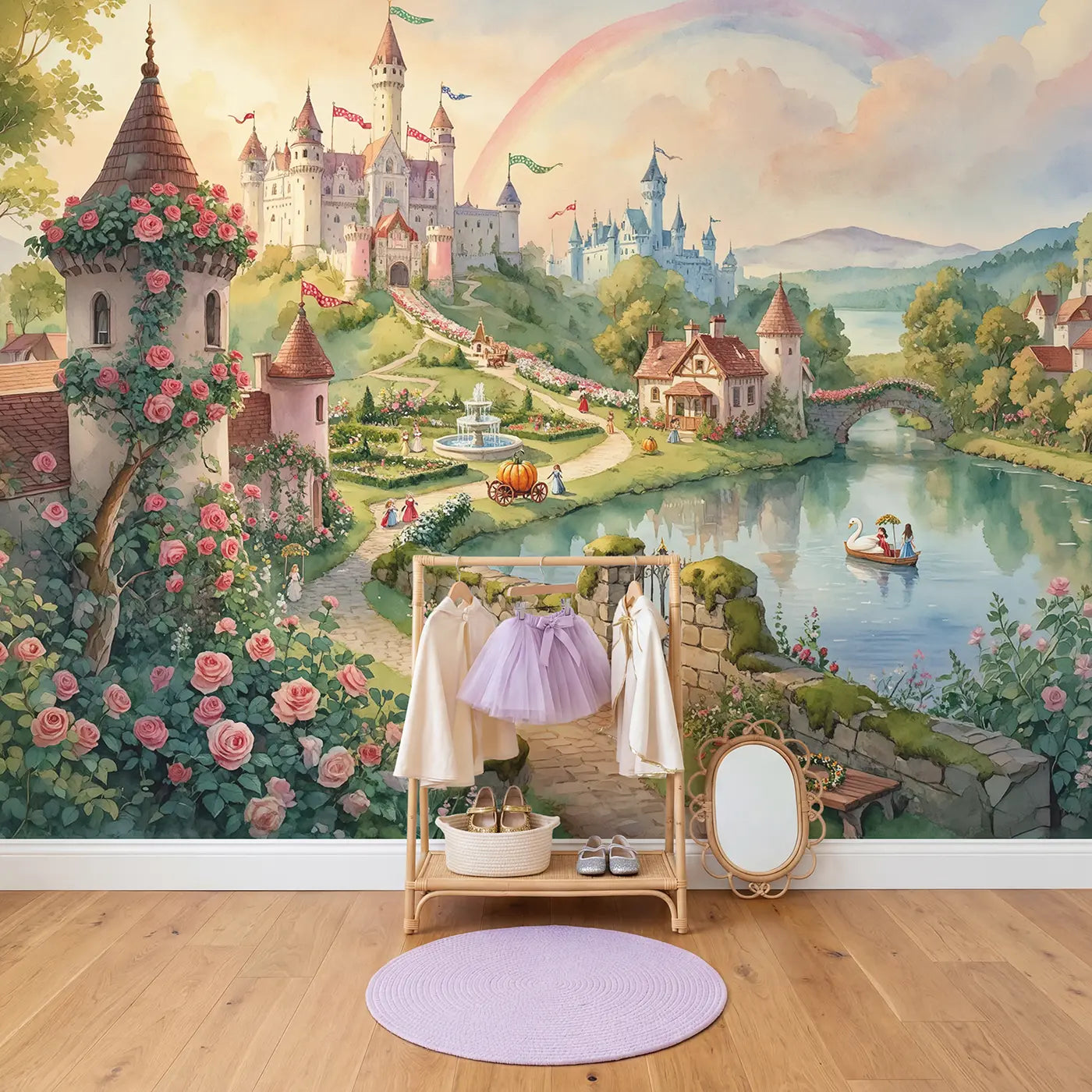 Fairy Tale Castle Kingdom Wallpaper Mural in playroom setting by Whimsy Tots