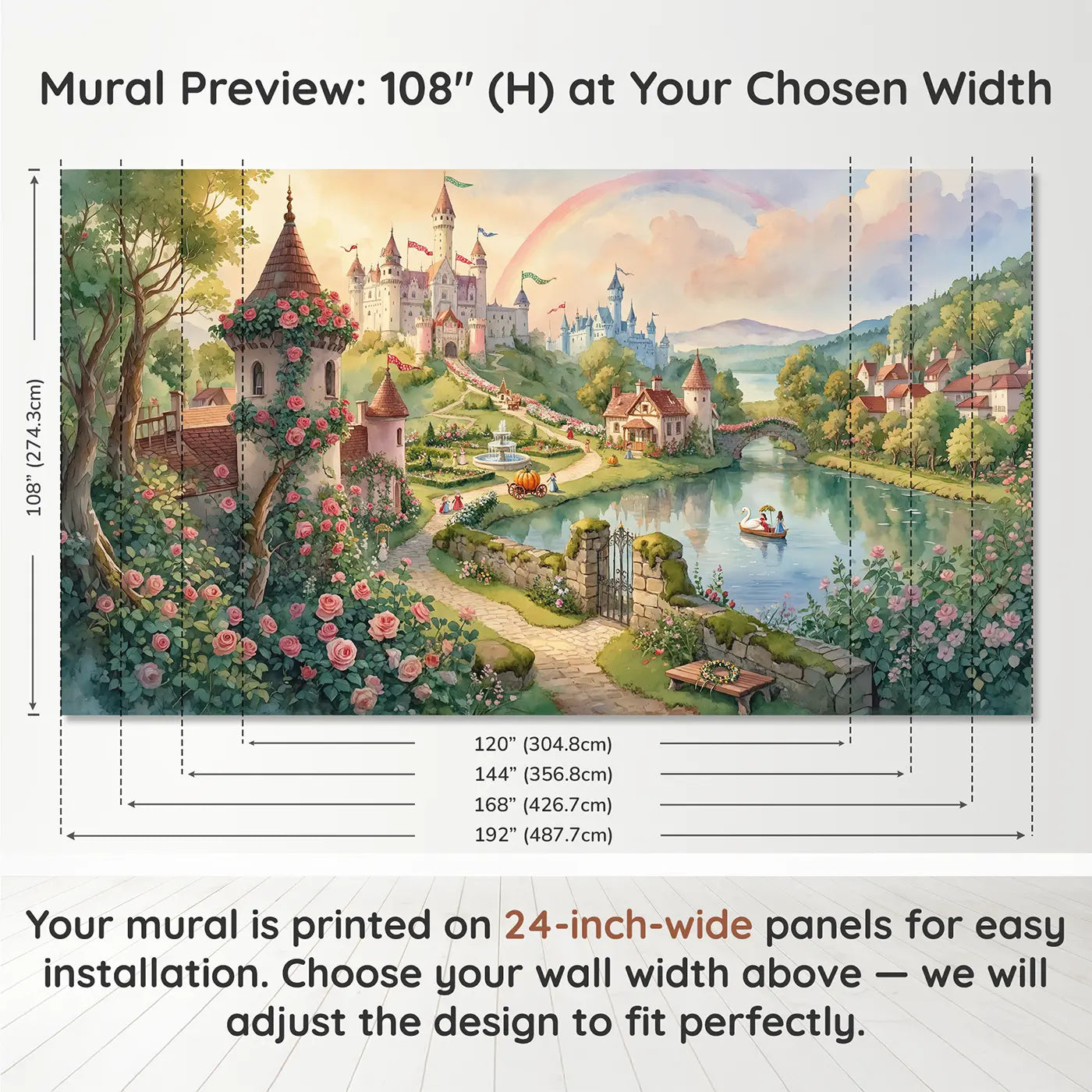 Panel layout and dimensions for Fairy Tale Castle Kingdom Wallpaper Mural by Whimsy Tots