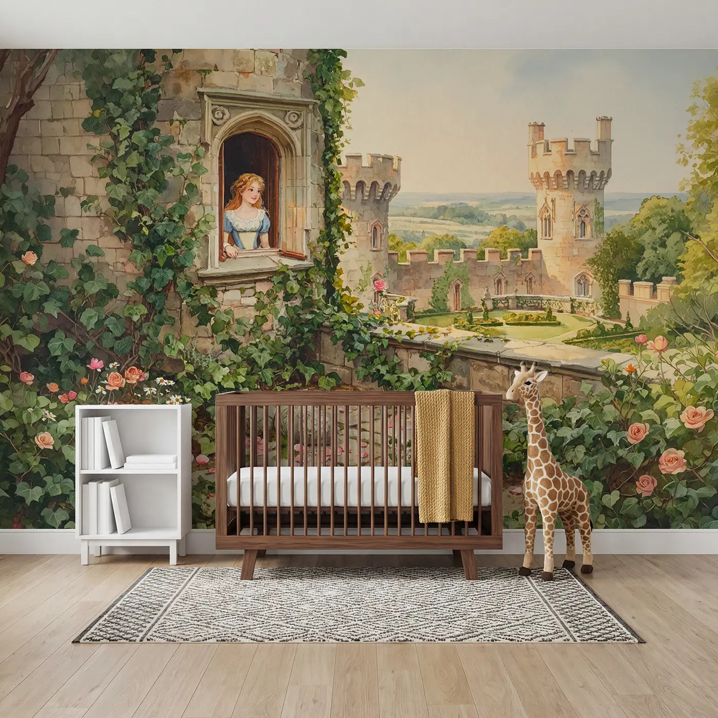 watercolor princess tower window sunset wallpaper mural for kids room by Whimsy Tots