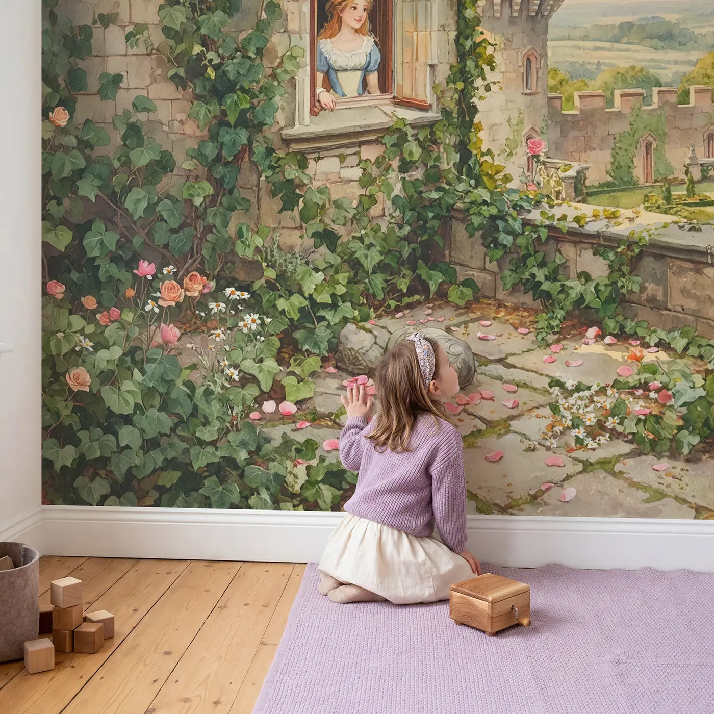 Child in nursery with Princess Tower Window Flowing Wallpaper Mural by Whimsy Tots