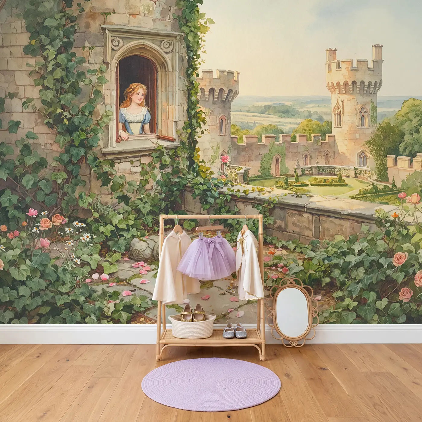 Princess Tower Window Flowing Wallpaper Mural in playroom setting by Whimsy Tots