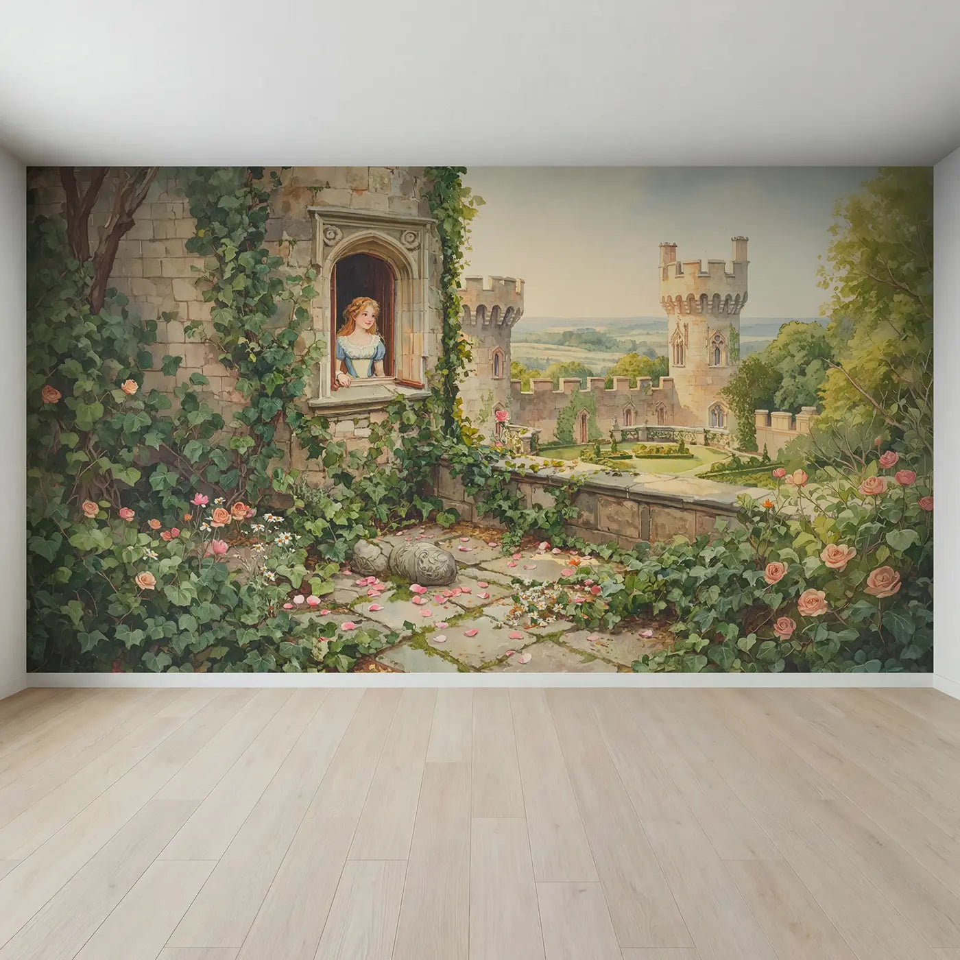 Full view of Princess Tower Window Flowing Wallpaper Mural by Whimsy Tots