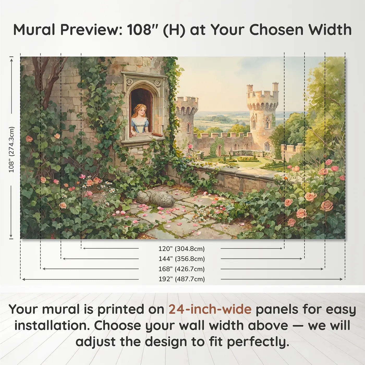 Panel layout and dimensions for Princess Tower Window Flowing Wallpaper Mural by Whimsy Tots