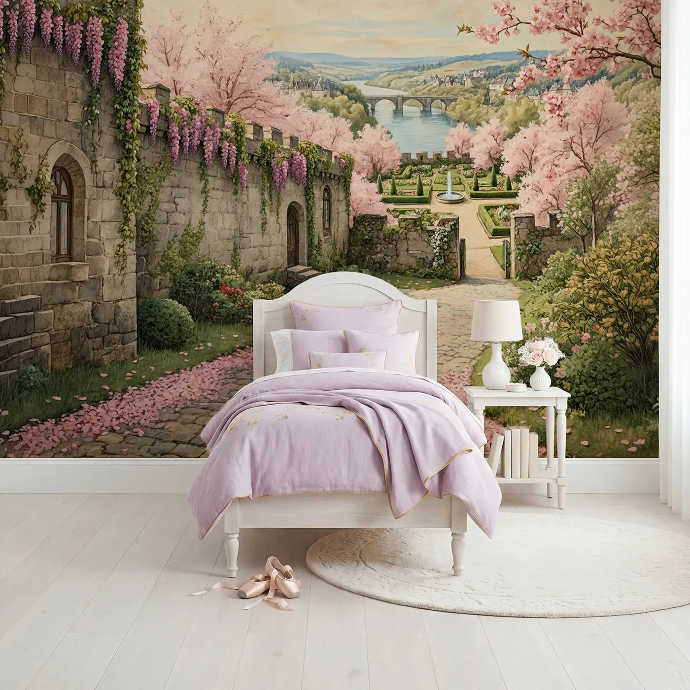 Storybook castle and tower wallpaper mural for girls room by Whimsy Tots
