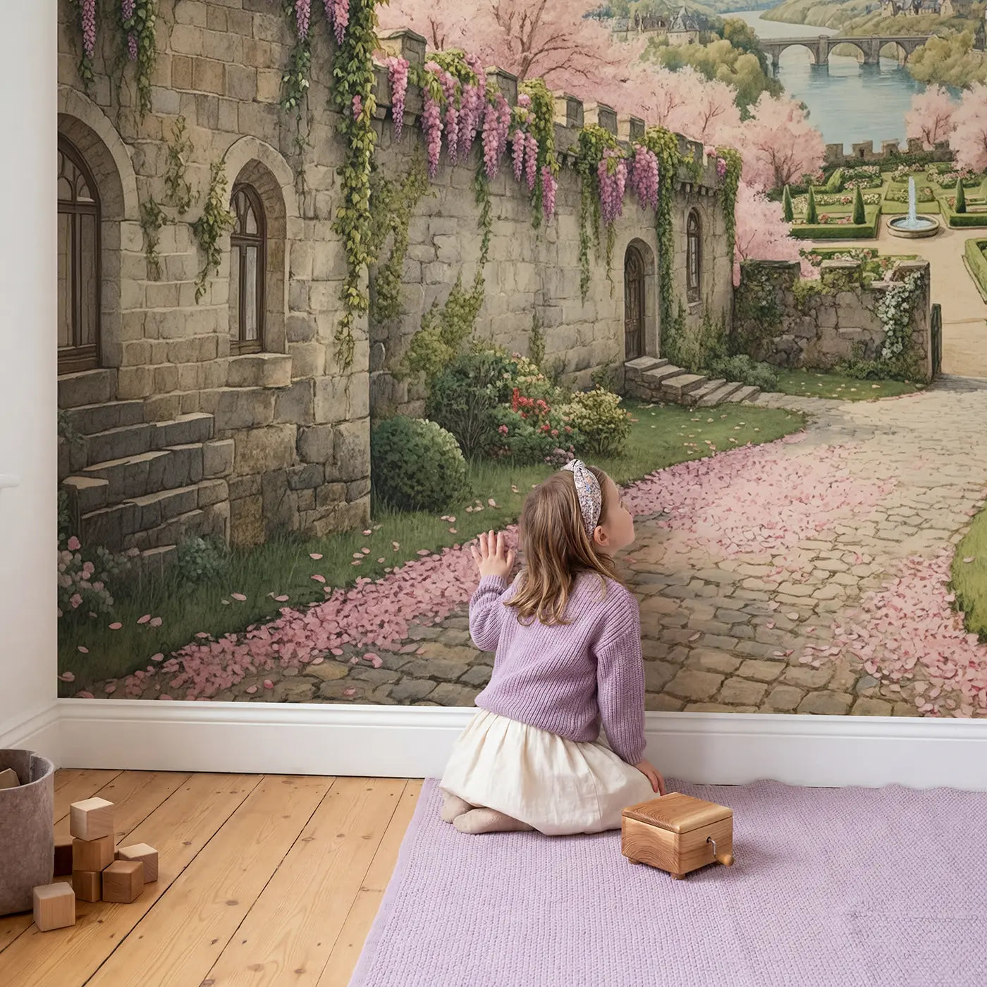Child in nursery with Cherry Blossom Spring Castle Wallpaper Mural by Whimsy Tots