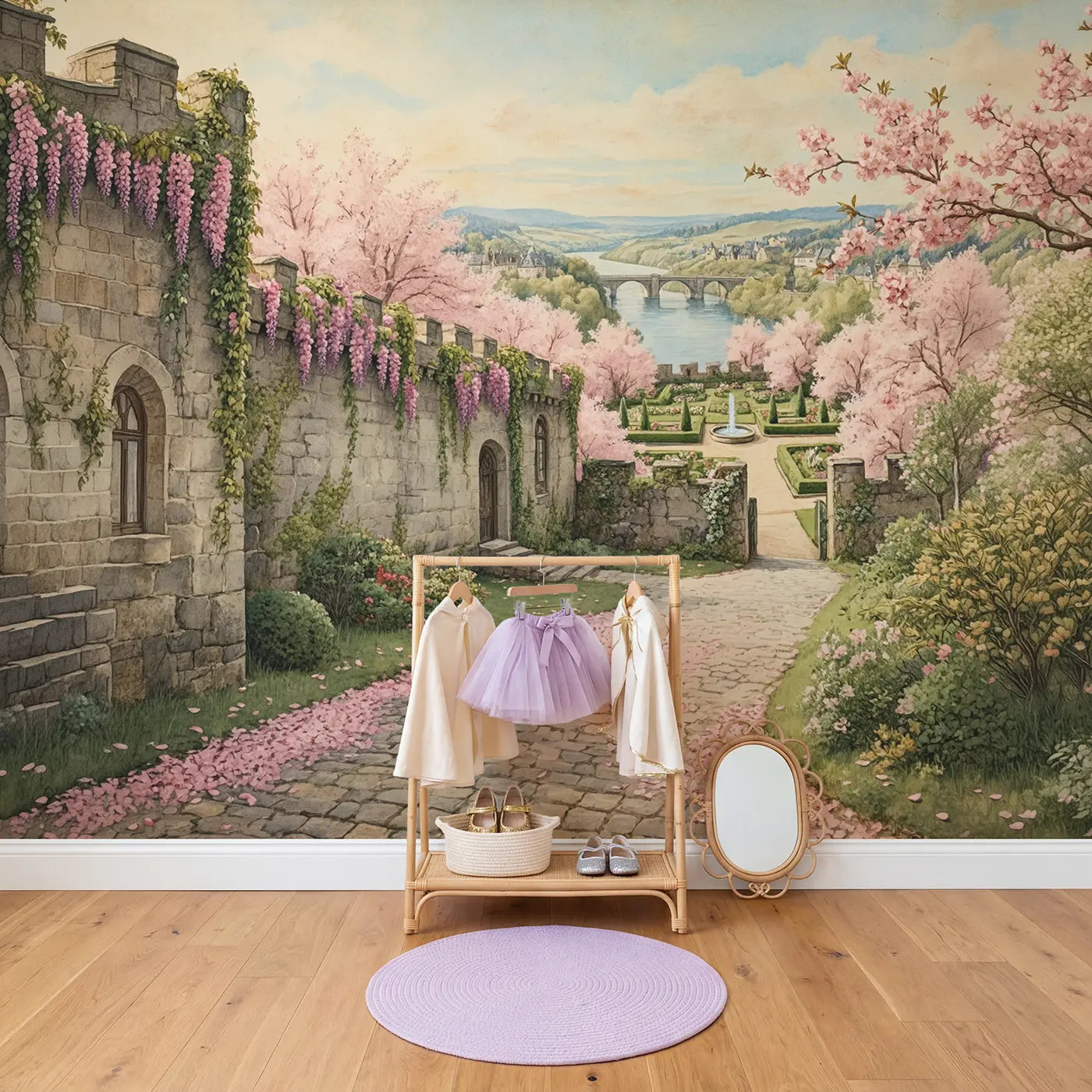 Cherry Blossom Spring Castle Wallpaper Mural in playroom setting by Whimsy Tots