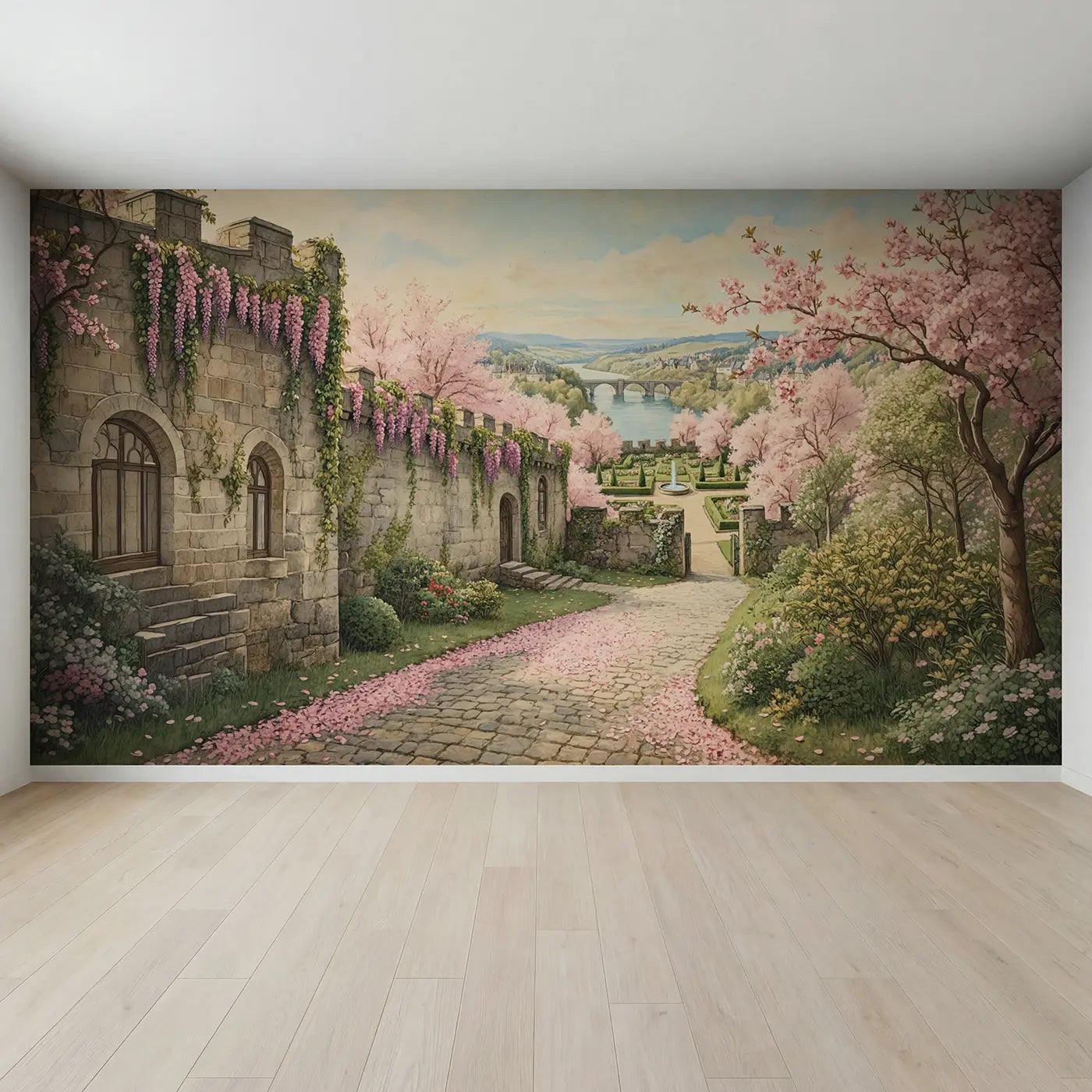 Full view of Cherry Blossom Spring Castle Wallpaper Mural by Whimsy Tots