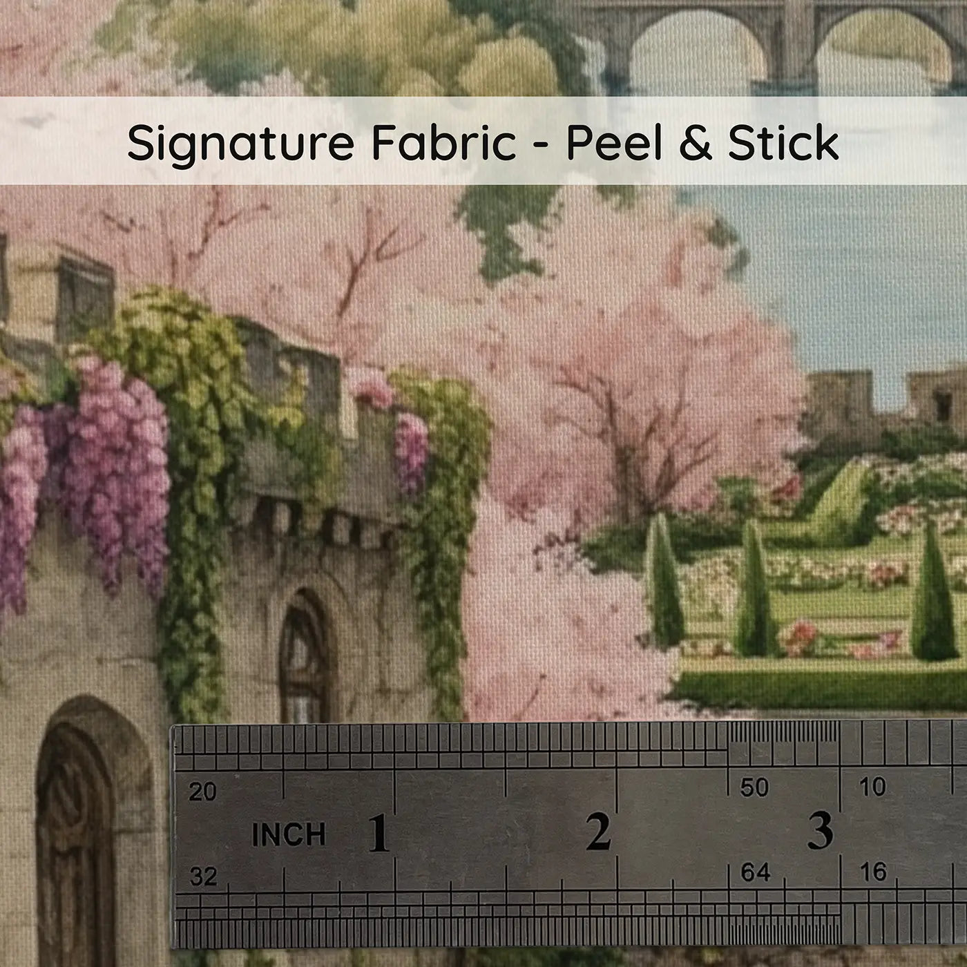 Fabric texture close-up of Cherry Blossom Spring Castle Wallpaper Mural by Whimsy Tots