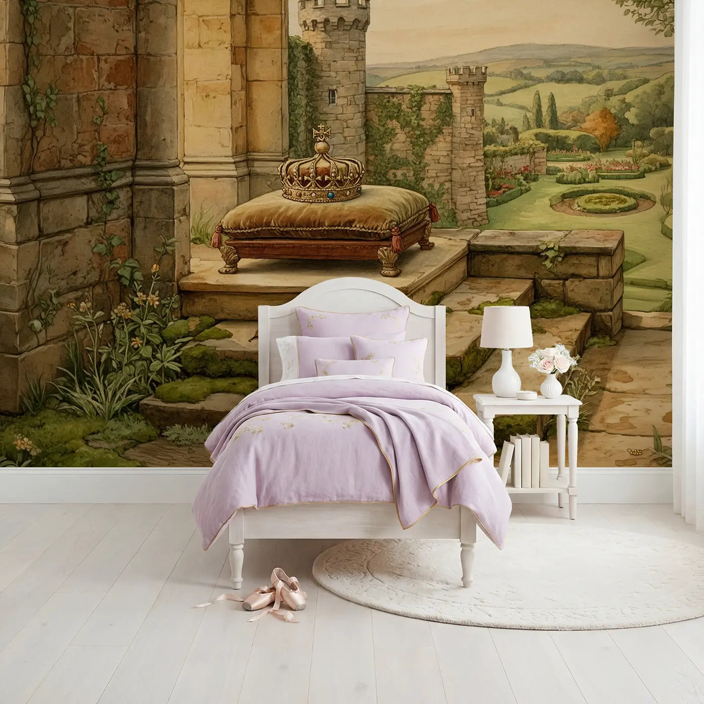 Storybook crown velvet cushion castle wallpaper mural for kids room by Whimsy Tots