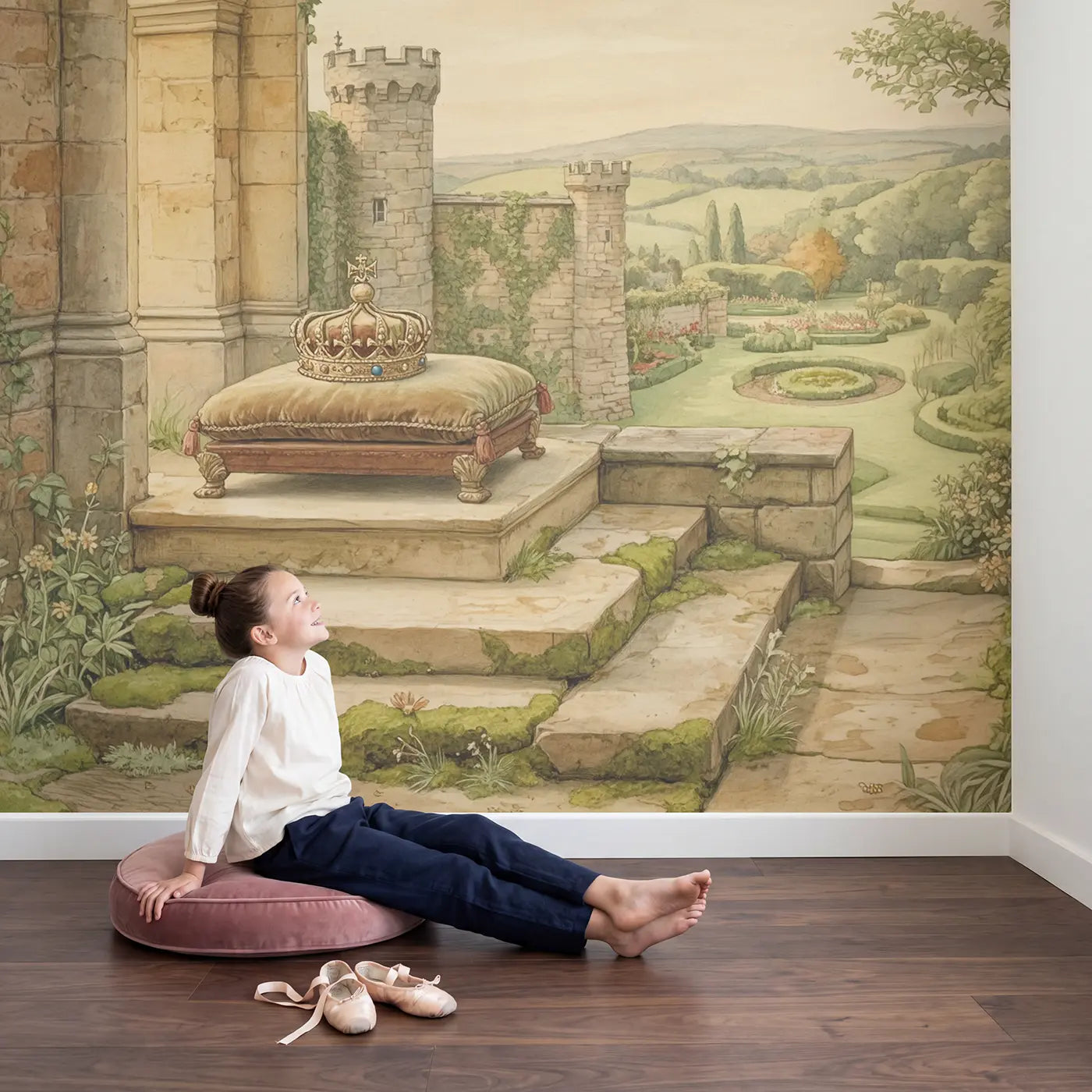 Child in nursery with Crown Velvet Cushion Wallpaper Mural by Whimsy Tots