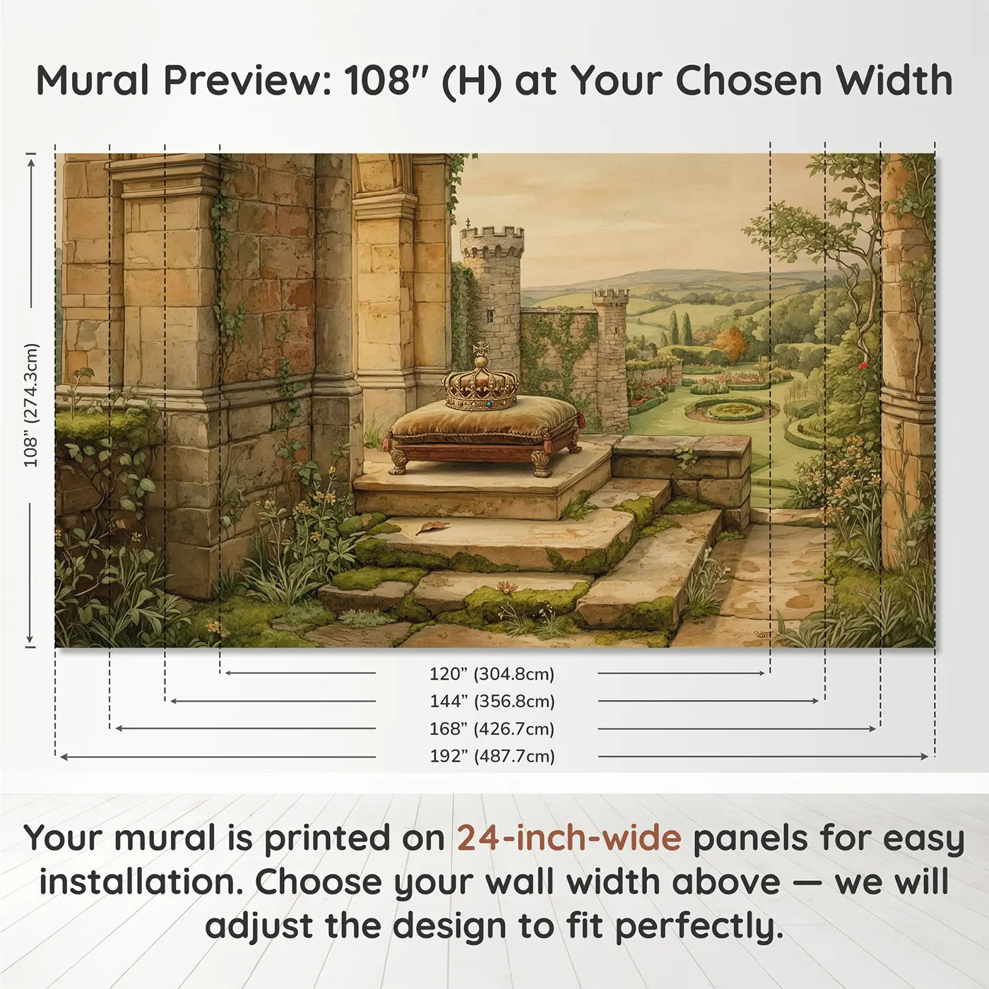 Panel layout and dimensions for Crown Velvet Cushion Wallpaper Mural by Whimsy Tots