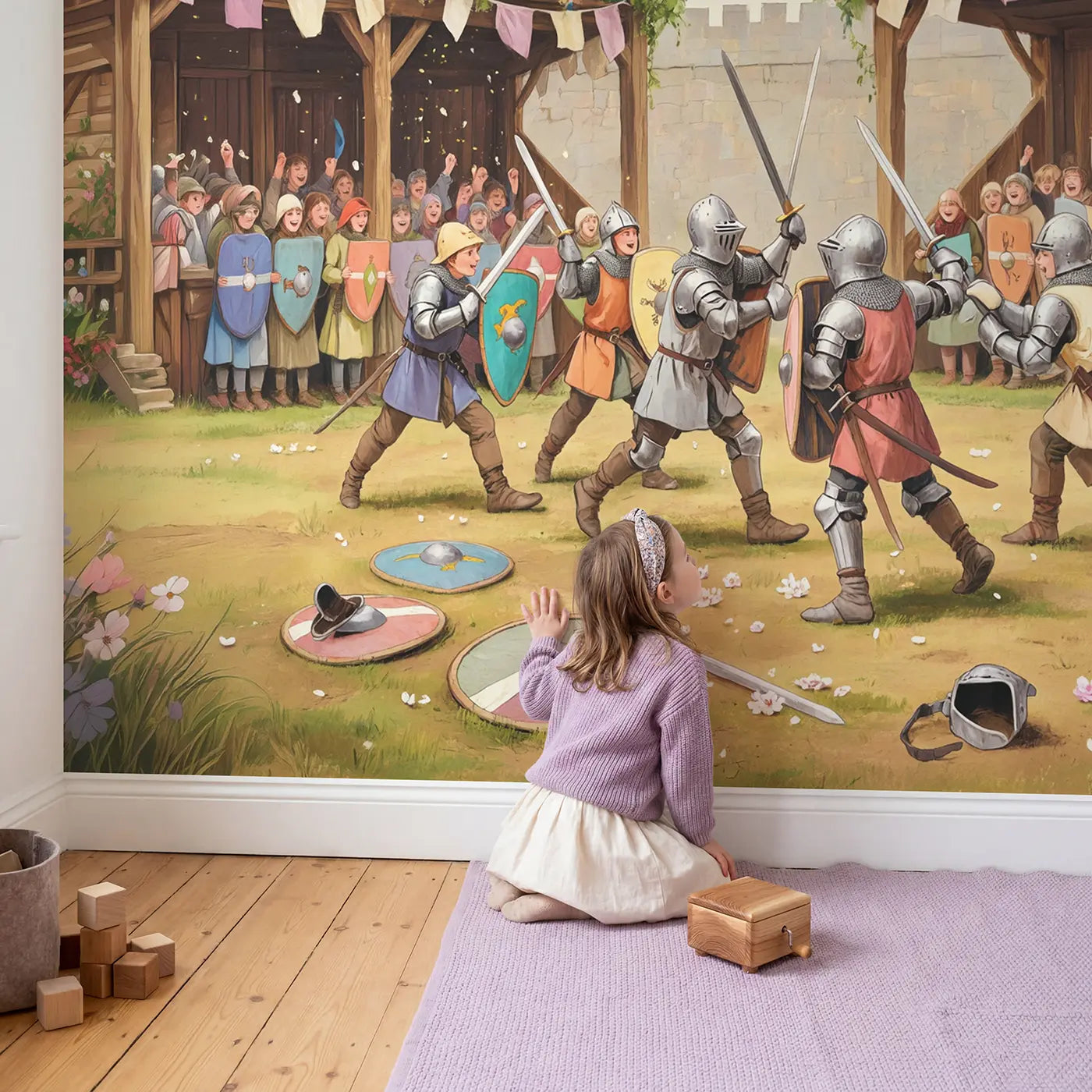 Child in nursery with Spring Tournament Melee Wallpaper Mural by Whimsy Tots