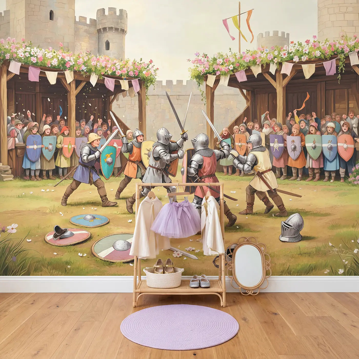 Spring Tournament Melee Wallpaper Mural in playroom setting by Whimsy Tots