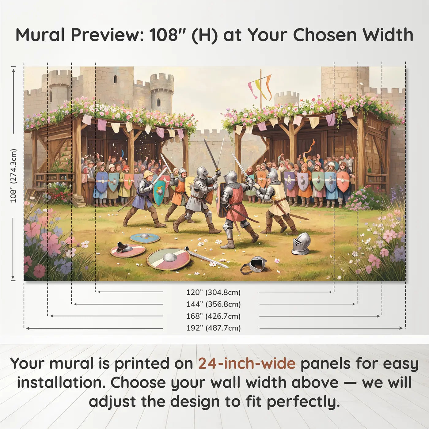 Panel layout and dimensions for Spring Tournament Melee Wallpaper Mural by Whimsy Tots
