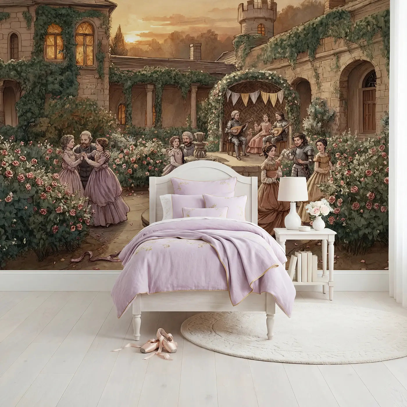 Storybook castle garden dance wallpaper mural for girls room by Whimsy Tots