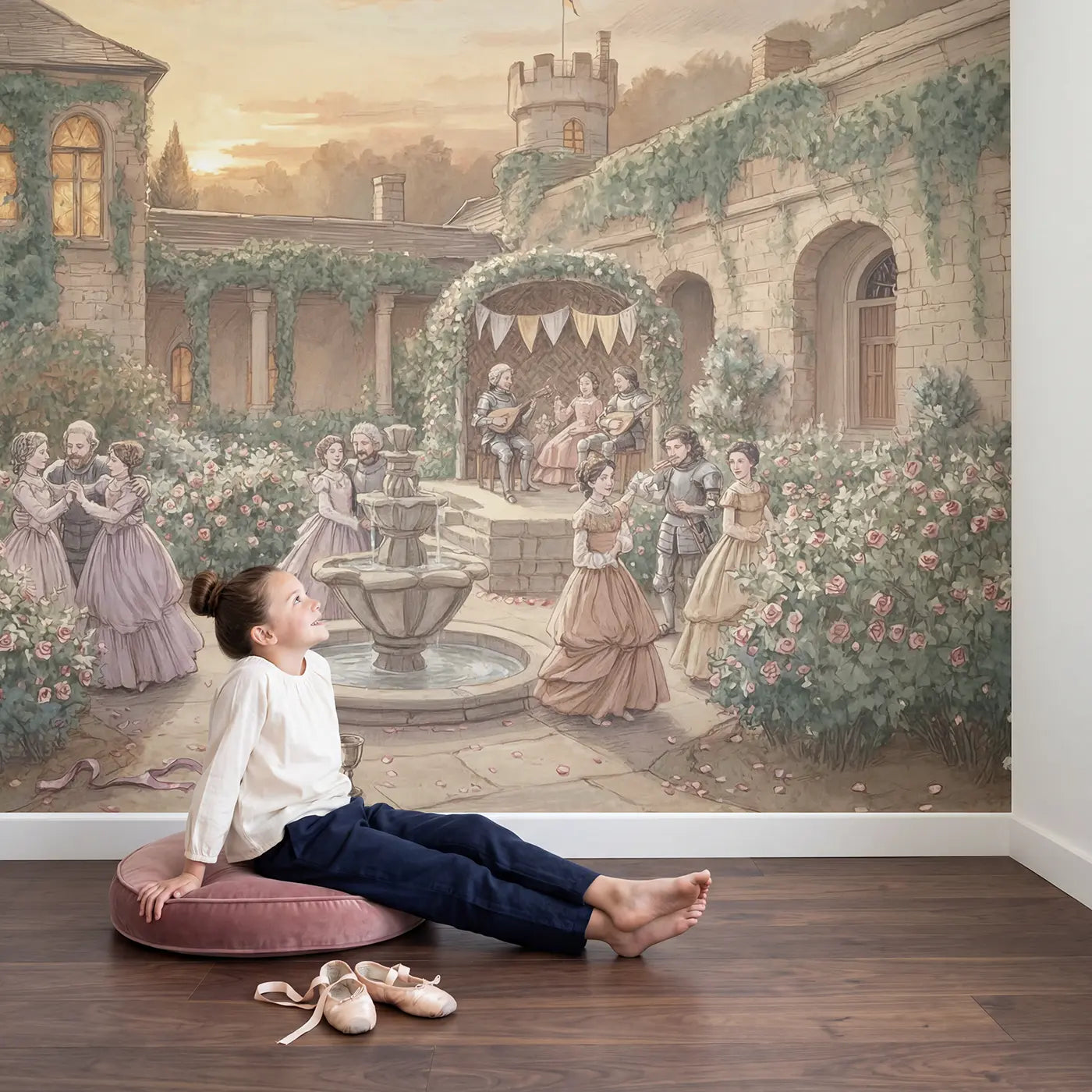 Child in nursery with Castle Garden Dance Wallpaper Mural by Whimsy Tots