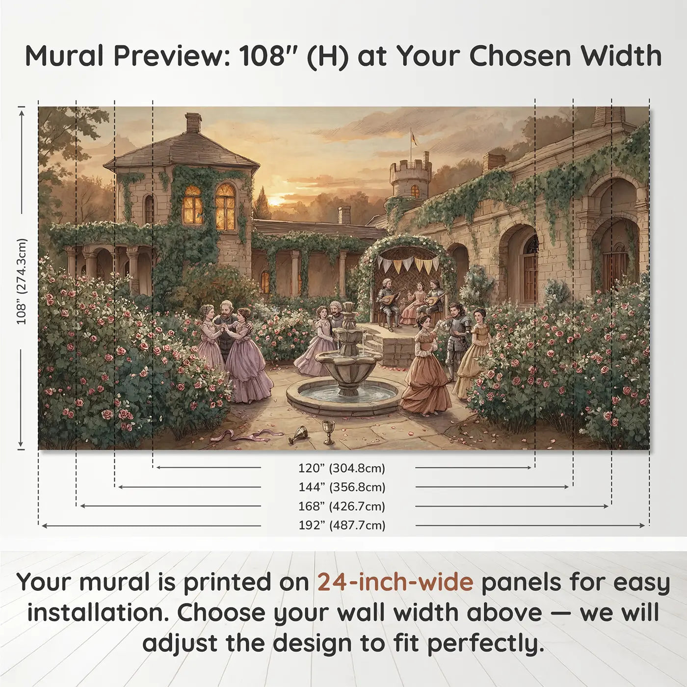 Panel layout and dimensions for Castle Garden Dance Wallpaper Mural by Whimsy Tots