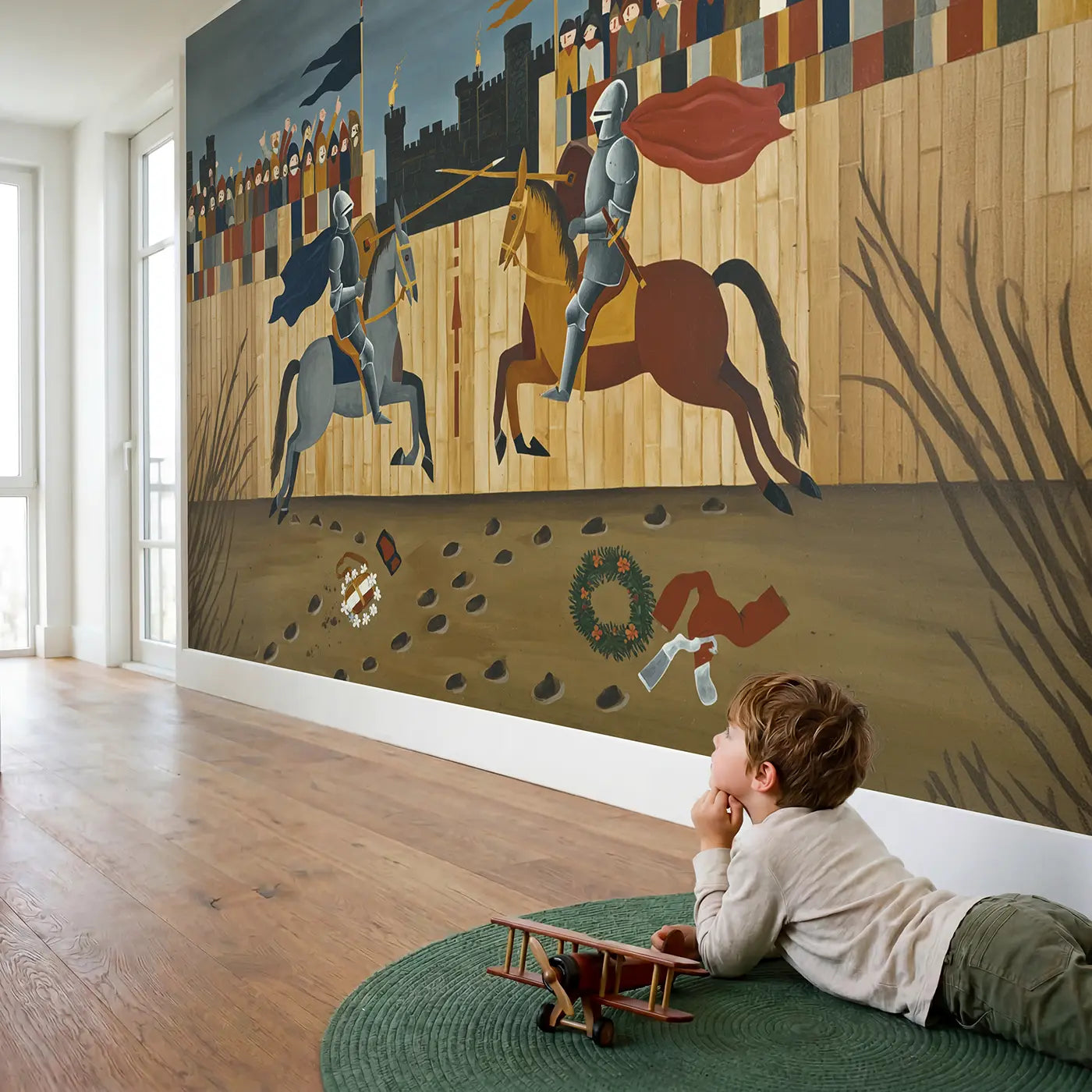 Child in nursery with Knight Tournament Joust Wallpaper Mural by Whimsy Tots