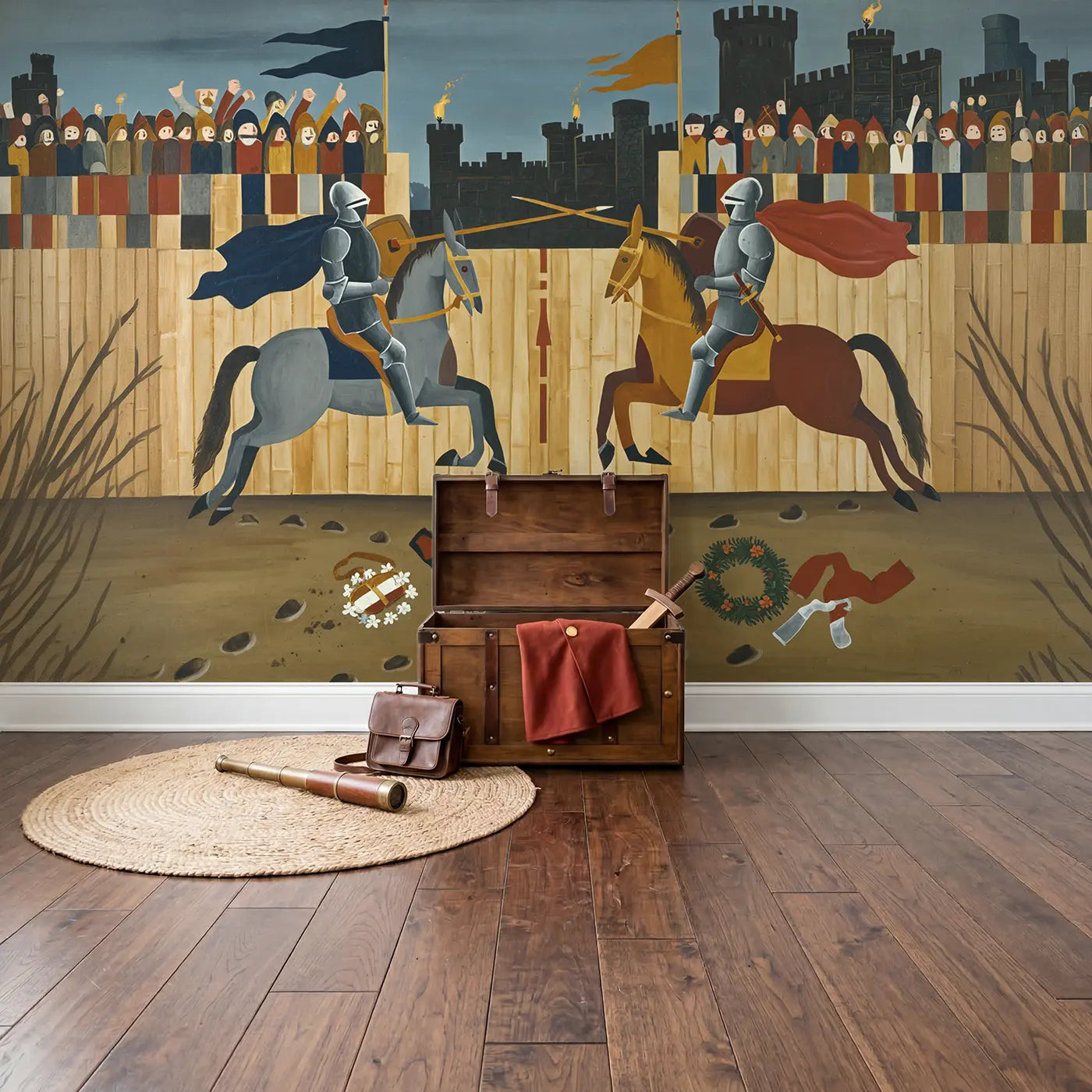Knight Tournament Joust Wallpaper Mural in playroom setting by Whimsy Tots