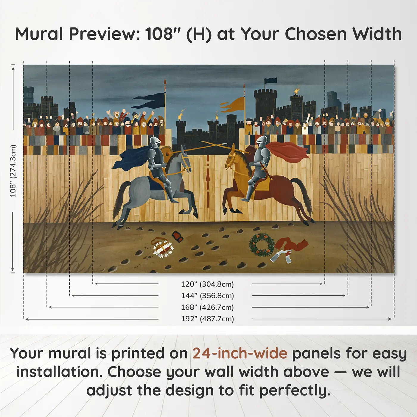 Panel layout and dimensions for Knight Tournament Joust Wallpaper Mural by Whimsy Tots