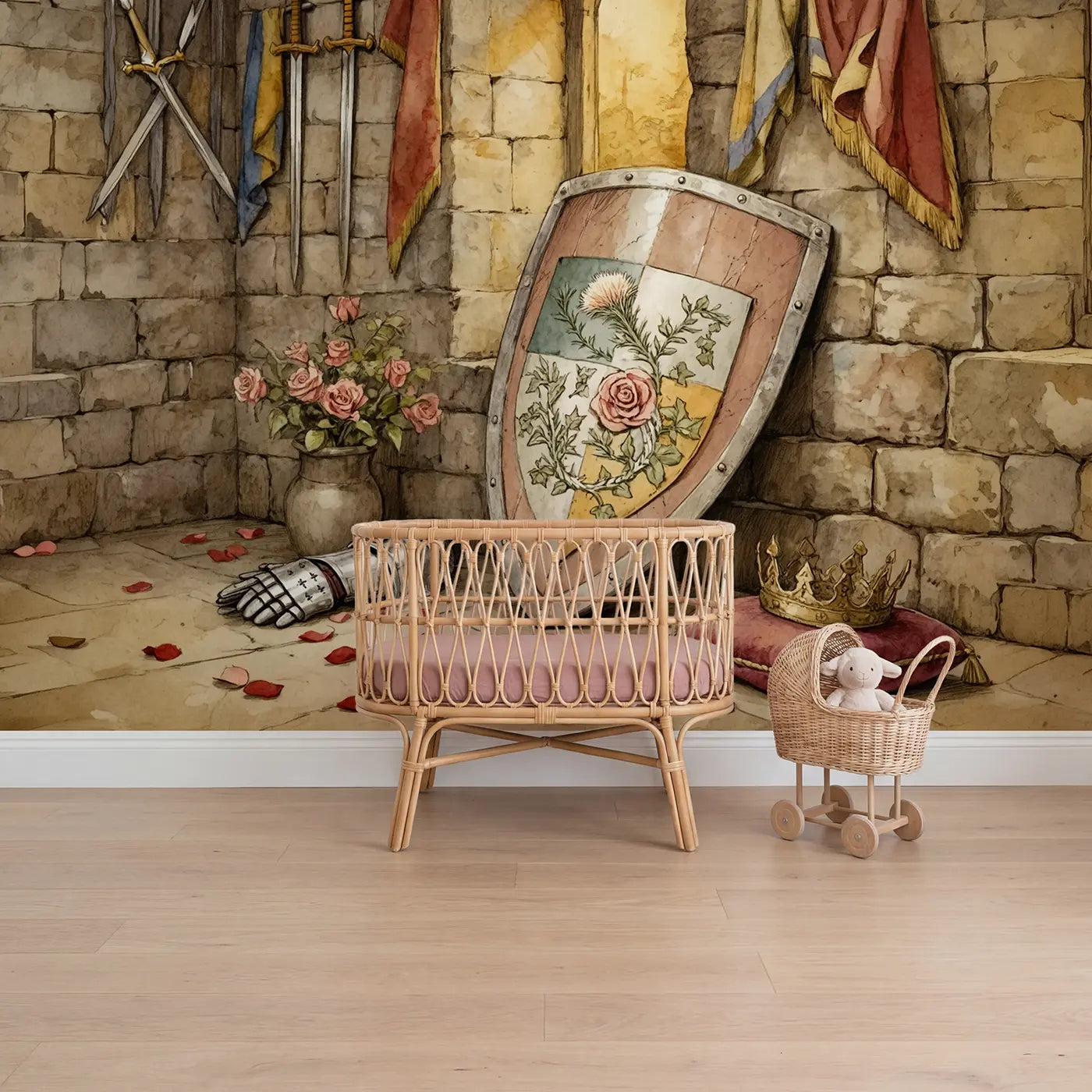 Storybook shield castle wallpaper mural for nursery by Whimsy Tots