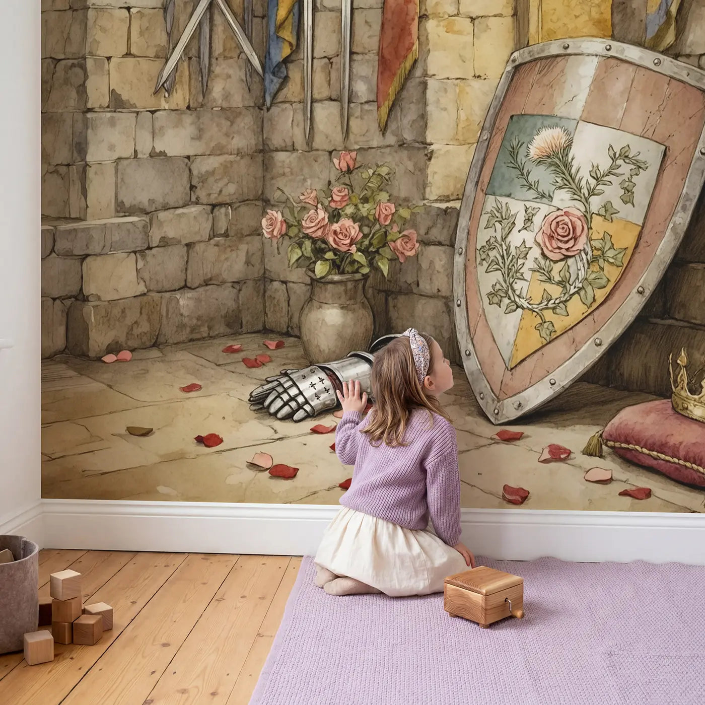 Child in nursery with Flower Crest Shield Wallpaper Mural by Whimsy Tots