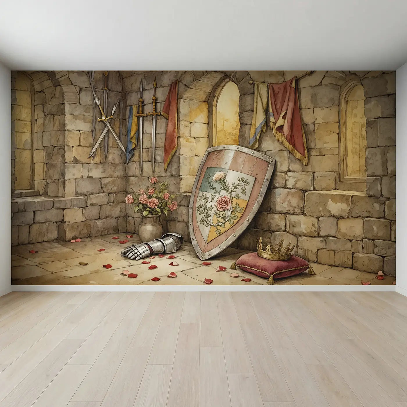 Full view of Flower Crest Shield Wallpaper Mural by Whimsy Tots