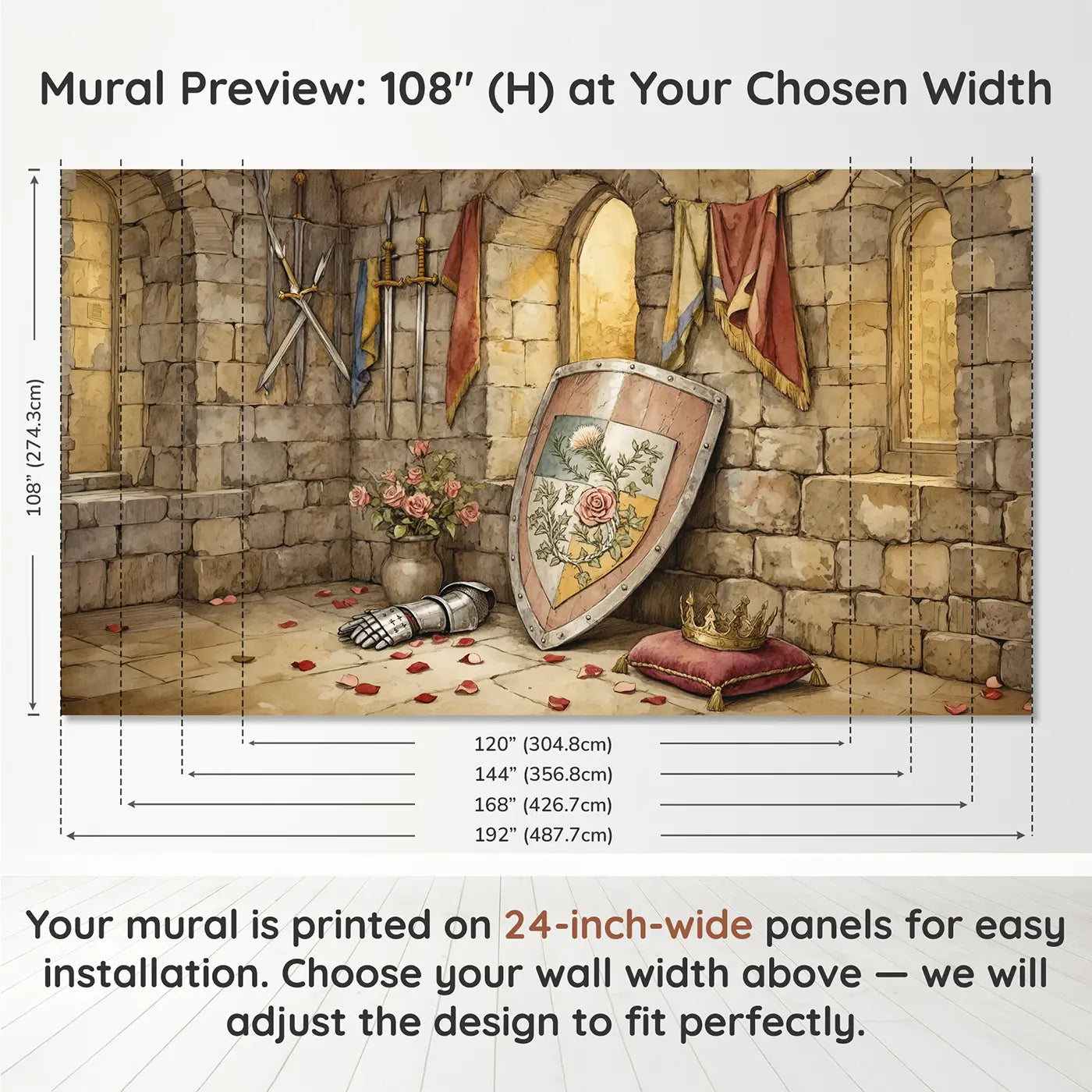 Panel layout and dimensions for Flower Crest Shield Wallpaper Mural by Whimsy Tots