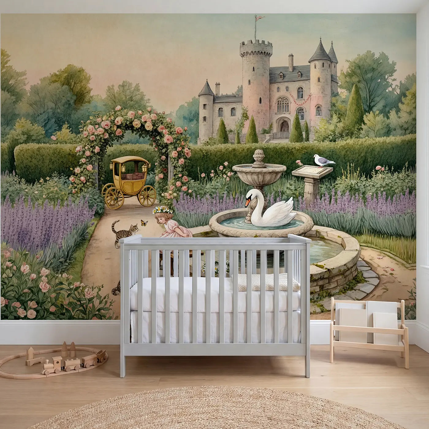 Storybook princess and swan castle wallpaper mural for nursery by Whimsy Tots