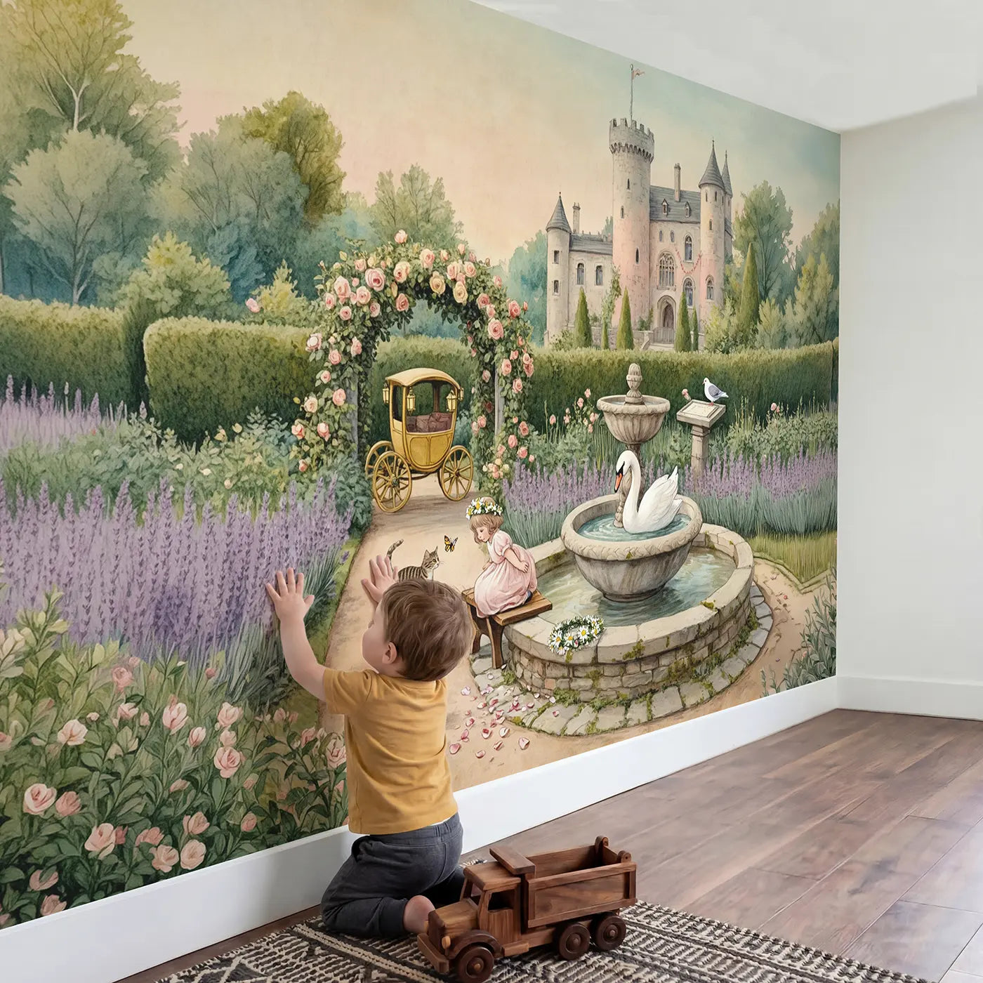 Child in nursery with Storybook Princess Garden Wallpaper Mural by Whimsy Tots