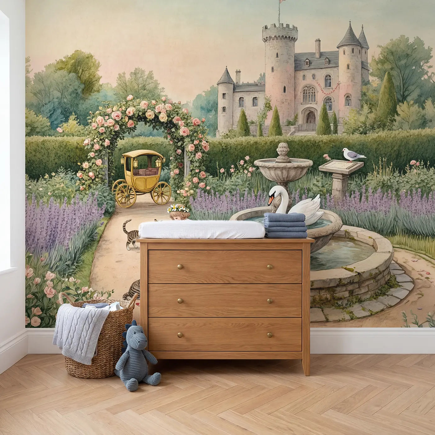 Storybook Princess Garden Wallpaper Mural in playroom setting by Whimsy Tots
