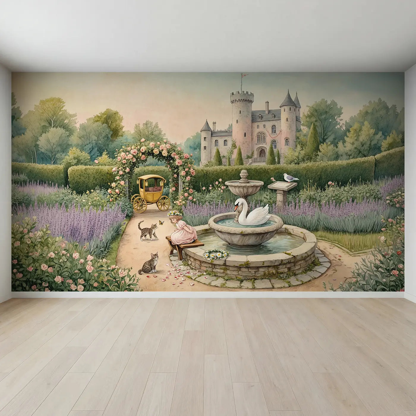 Full view of Storybook Princess Garden Wallpaper Mural by Whimsy Tots